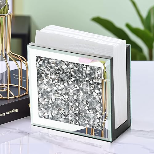 Servilletero con espejo, soporte vertical de diamante triturado de cristal, bonito soporte de servilleta de espejo de vidrio para mostrador o mesa.