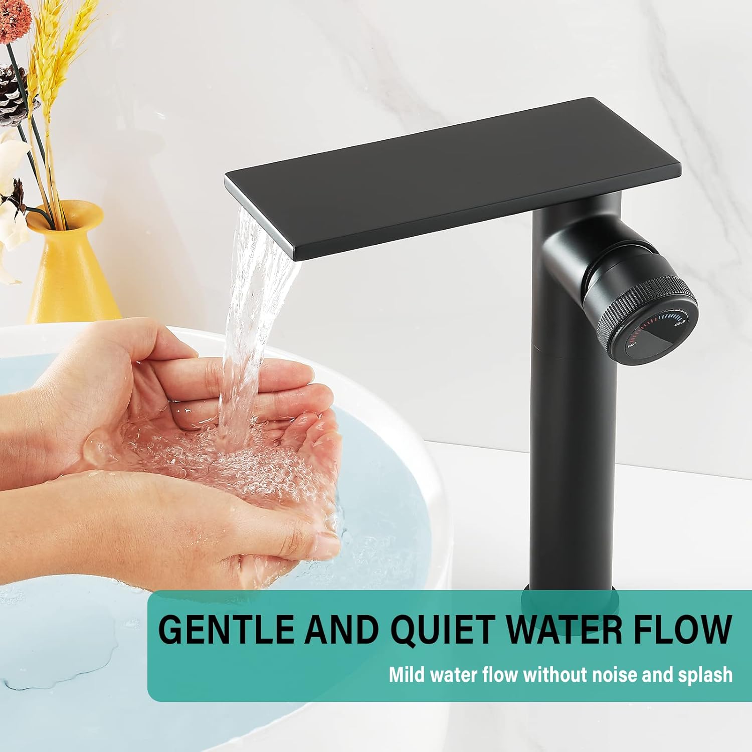 becola Modern Matte Black Bathroom Faucet,Tall Waterfall Faucet for Bathroom Sink,Single Hole Cold and Hot Basin Mixer Tap,Single Handle Vanity Faucet with Adjust Knobs and Two Supply Lines - Image 6