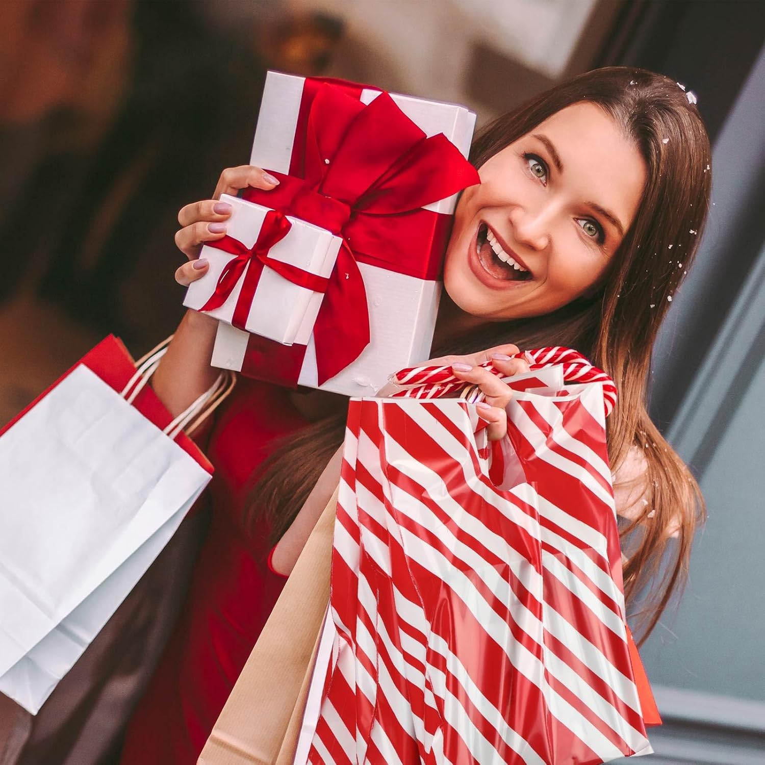 Cholemy 100 Pcs Christmas Plastic Bags Bulk, 9 x 12 Inch Christmas Merchandise Goodie Gift Bag with Handles Retail Shopping Tote for Holiday Party Favor Supplies Business(Red and White Stripe) - Image 2