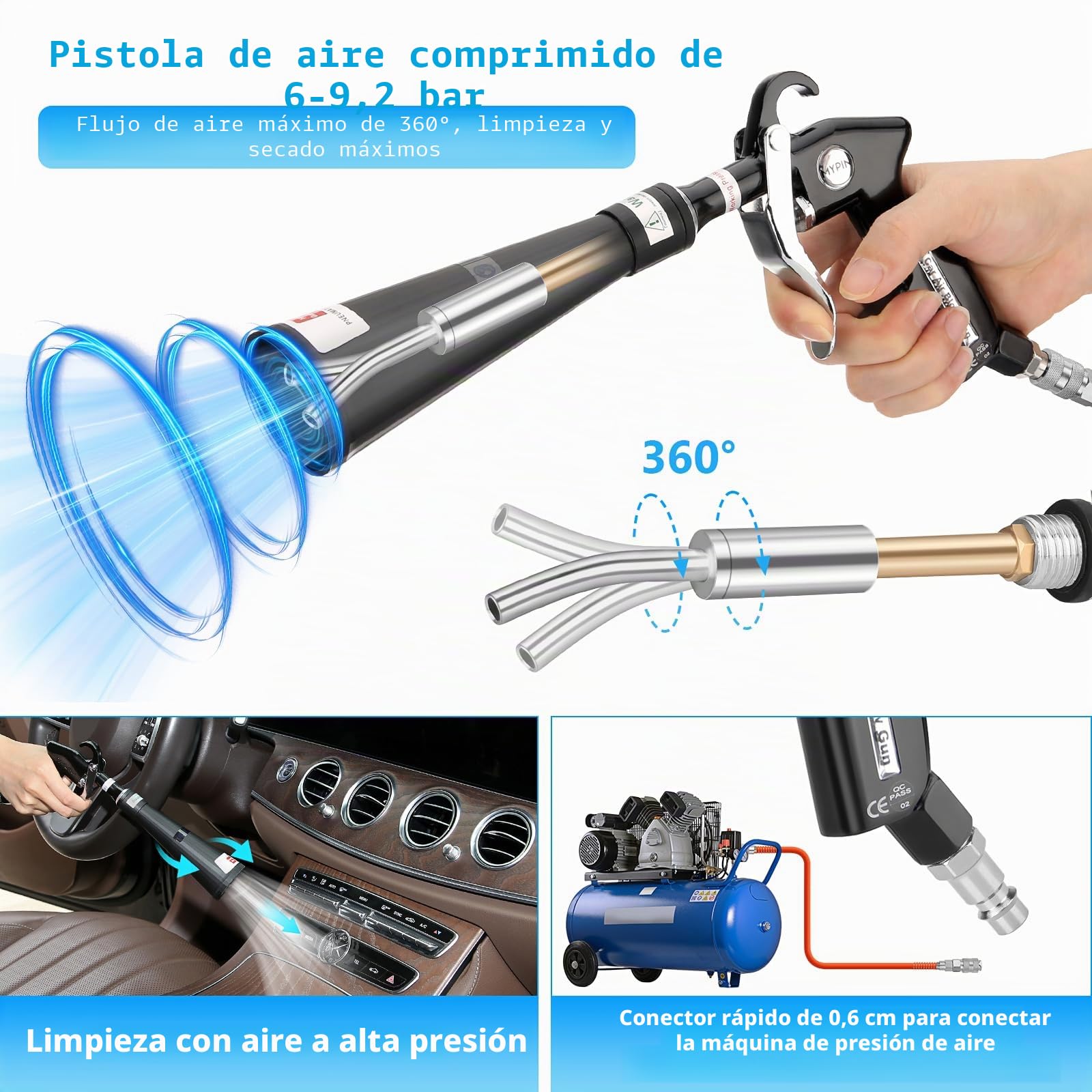 MYPIN Pistola de Limpieza de Coches, 6-9.2Bar, Pistola de Aire Comprimido en Seco Alta Presión con 2 Juegos de Boquilla/Toalla, Pistola de Soplado para Limpieza Interior del Coche