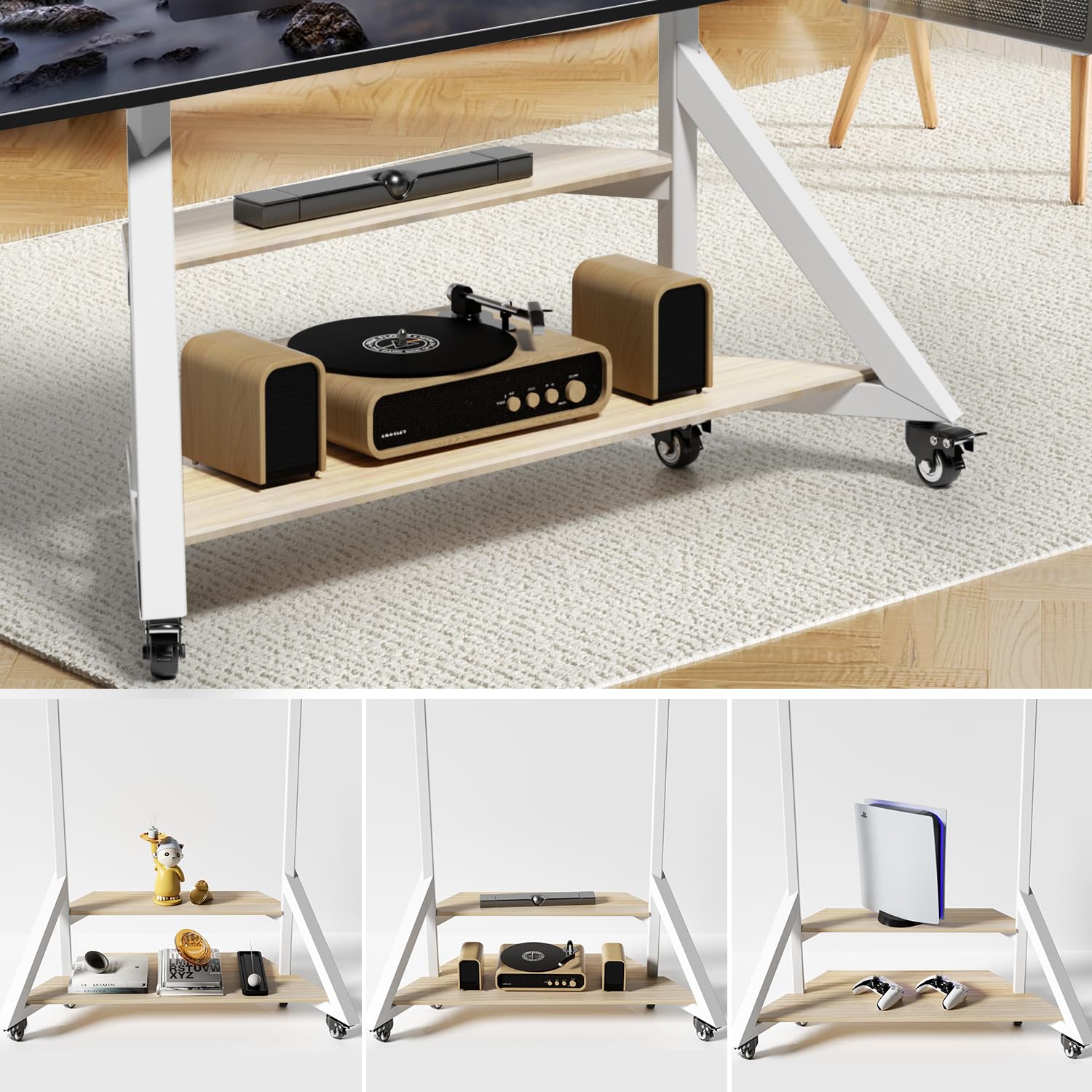 UNHO Supporto TV da Pavimento con Ruote Bianco: Supporto TV Mobile con Rotelle per 65-100 Pollici, Peso Max 100kg Base Solida per Schermi Giganti, Max VESA 800x600mm, Regolabile in Altezza