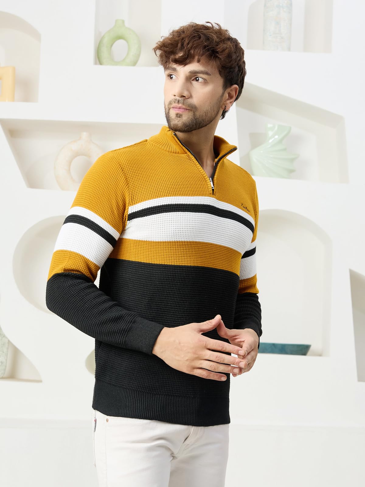 Kvetoo Men High Neck Zip Full Sleeve Woolen Winter Sweater Mustard Black Size XL - Image 4 thumbnail