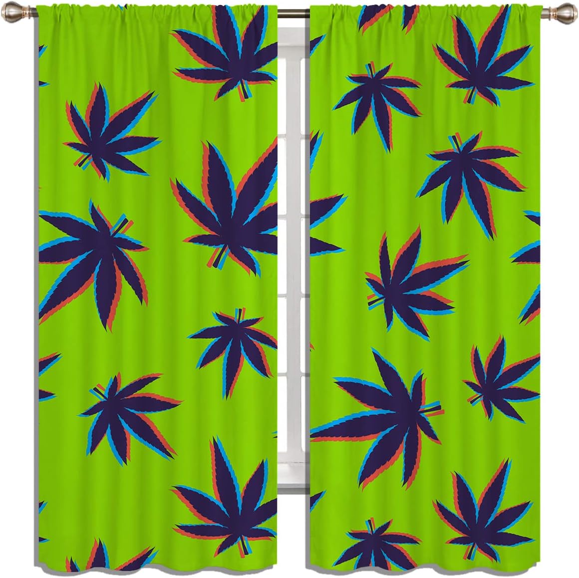 Cannabis Leaf Blackout Curtains for Boy Girl Bedroom Living Room Darkening Decor, Glitch Effect with Green Marijuana Leaf Weed Rod Pocket Thermal Insulated Window Curtain/Drapes 2 Panel, 55x63 Inch