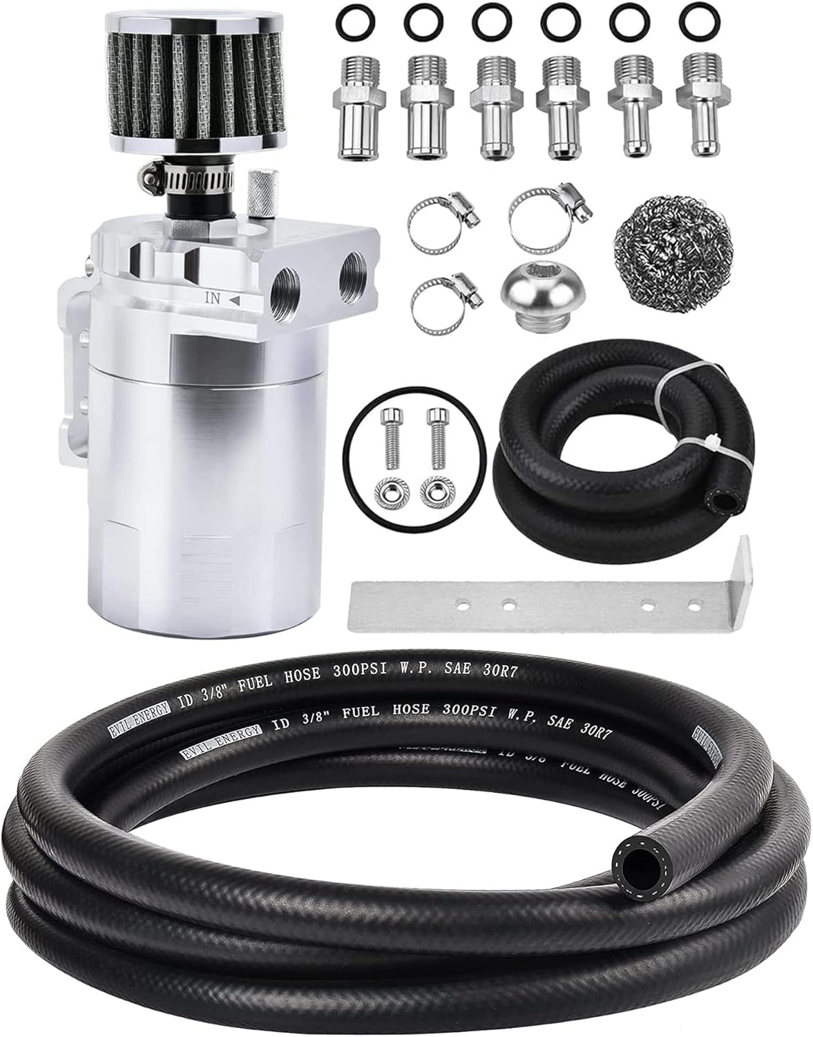 EVIL ENERGY 300ML Oil Separator Catch Can with Breather Filter Silver Bundle with 3/8 Fuel Hose Line NBR Rubber 25FT 300PSI SAE 30R7