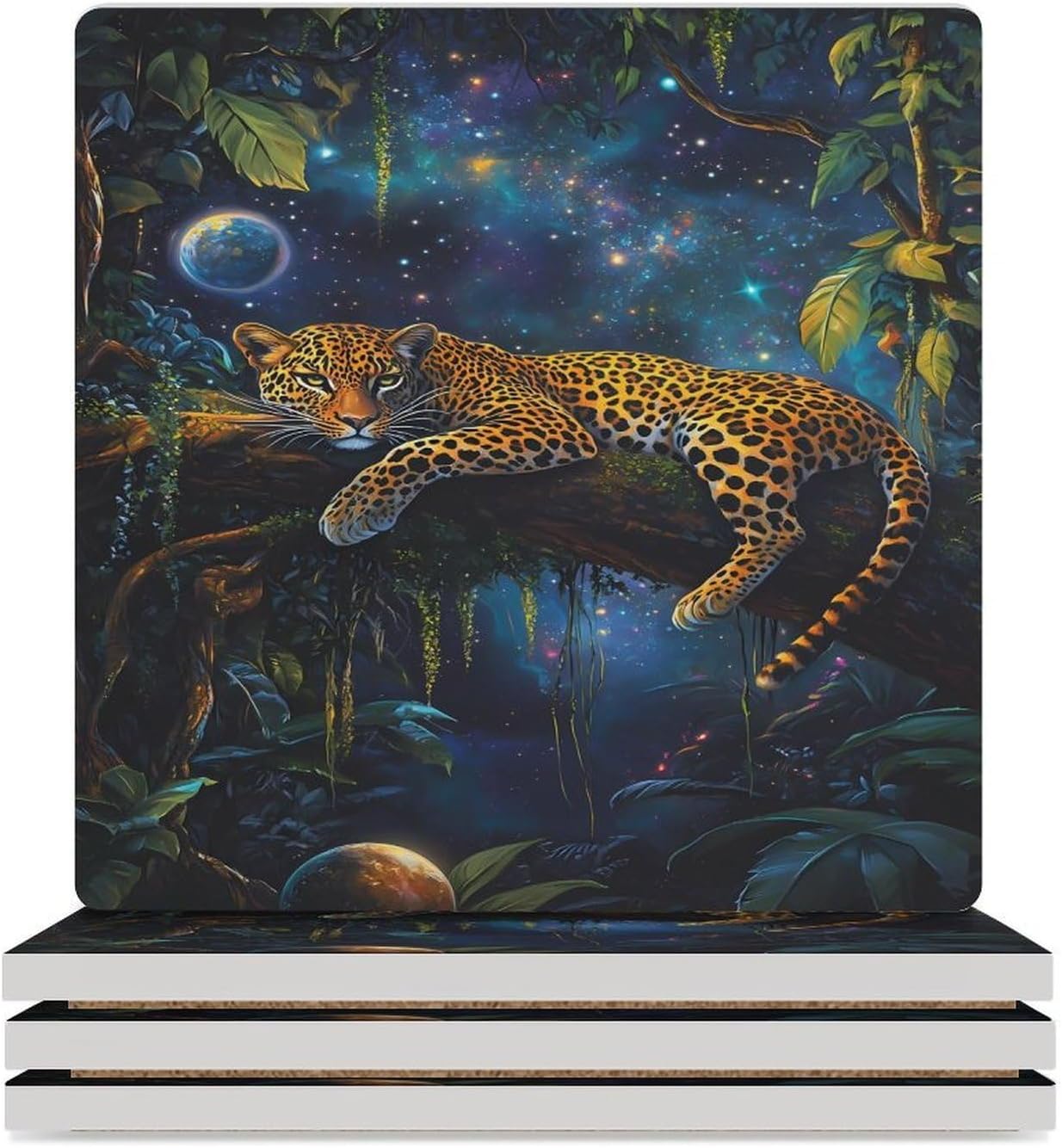 Leopard Moon Ceramic Coasters Square Drinks Coaster Coffee Table Decor Table Coaster for Home Bar
