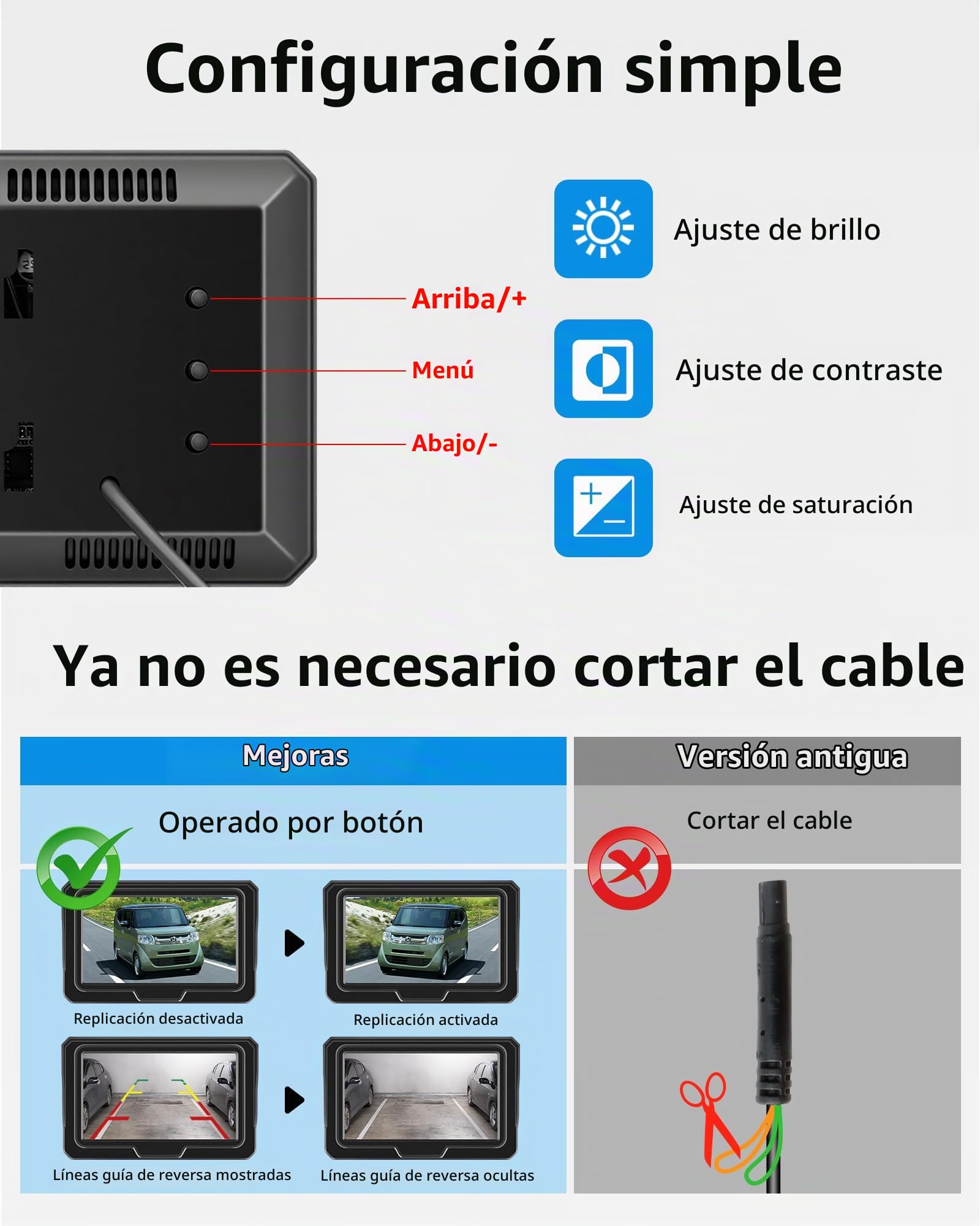AHD 1080P Camara Marcha Atras Coche y Kit de Monitorización LCD de 4.3'' | Conectar y Usar, No se Requiere Perforación para el Montaje de la Lente Trasera, Visión Nocturna, Resistente al Agua IP68
