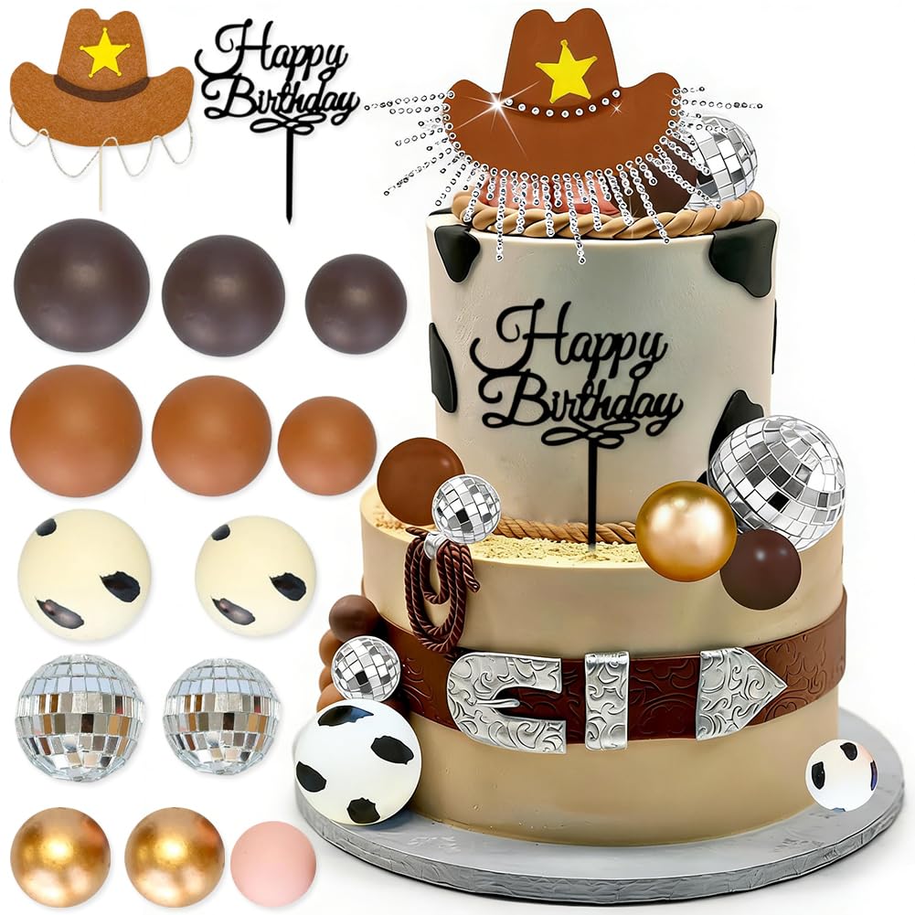 Cowgirl Hat Cake Toppers,27pcs Cowgirl Cake Decorations,Cowboy Western Decorations With Hat and Ball Topper for Cowgirl Theme Baby Shower Happy Birthday Party Cake Decorations