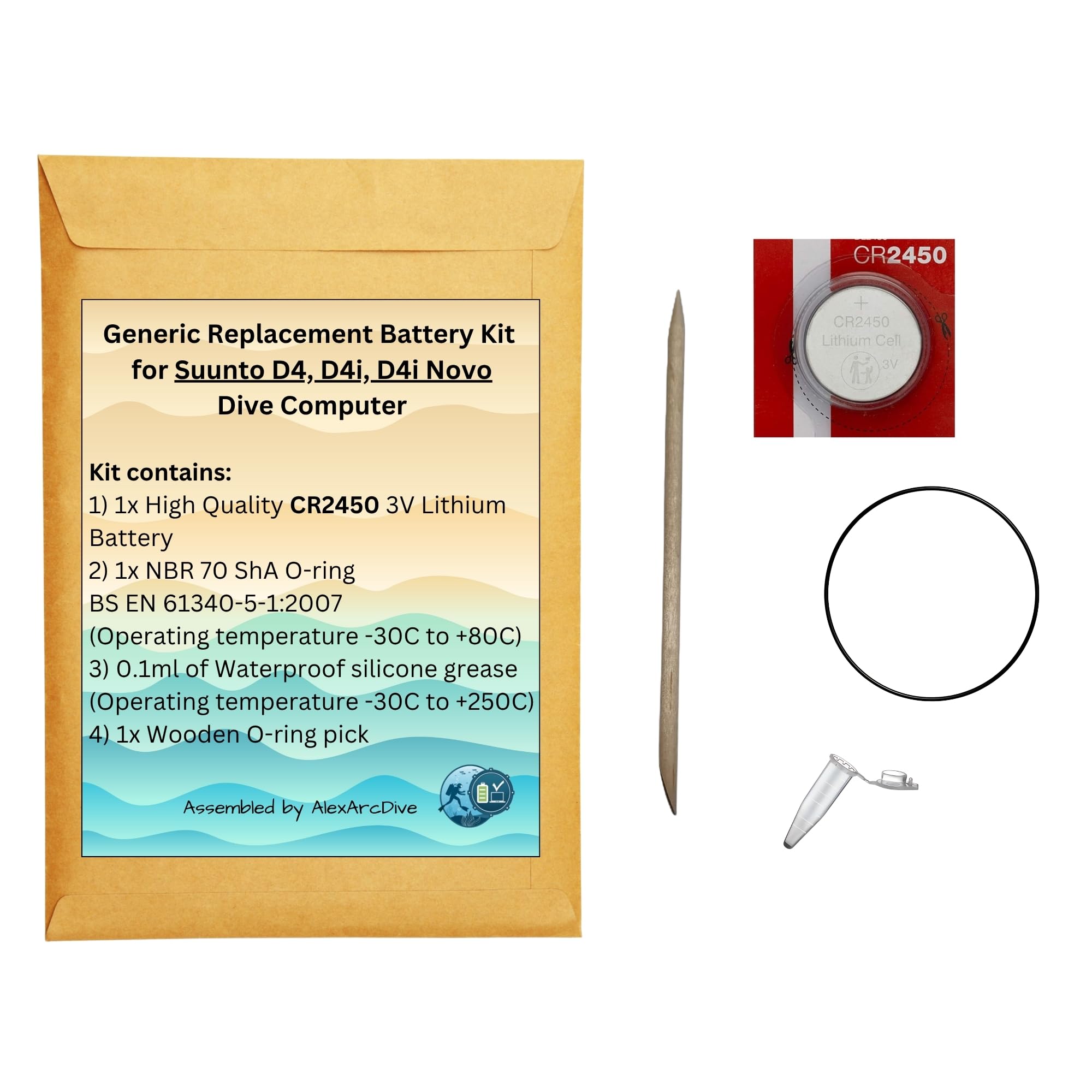 Generic Replacement Battery Kit for Suunto D4, D4i, D4i Novo Dive Computer, Spare Service Set, assembled by Alex Arc Dive
