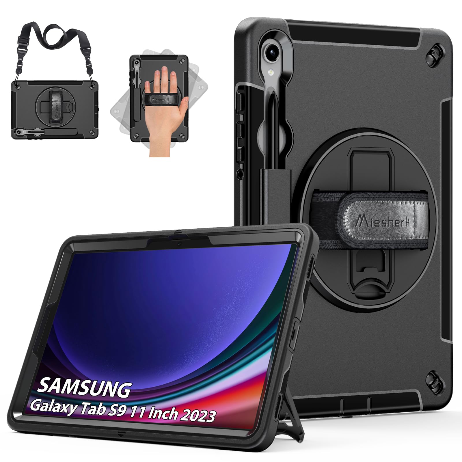 Case for Samsung Galaxy Tab S9: Miesherk Military Protective Shockproof Cover for Galaxy Tab S9 11 Inch 2023 SM-X710/X716B/X718U-S Pen Holder-Rotating Kickstand-Hand/Shoulder Strap-Black