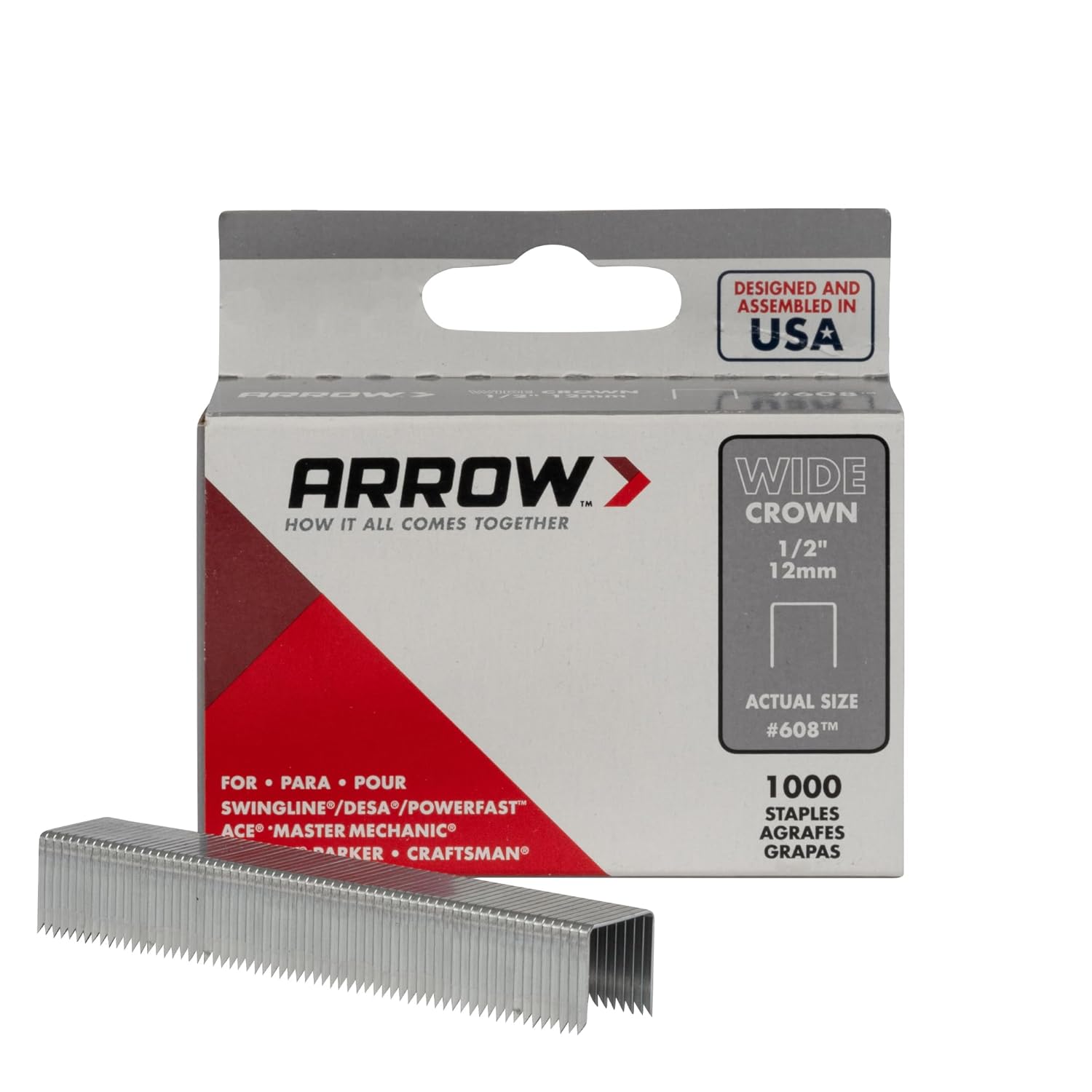 Box of Arrow 60830 Wide Crown Staples and a strip of staples