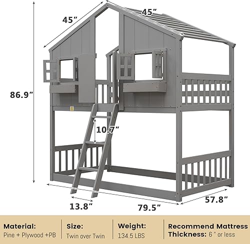 Miniatura 2 de MERITLINE Litera de casa individual sobre individual marco de madera con techo ventana caja de ventana y puerta litera baja para niños niñas y