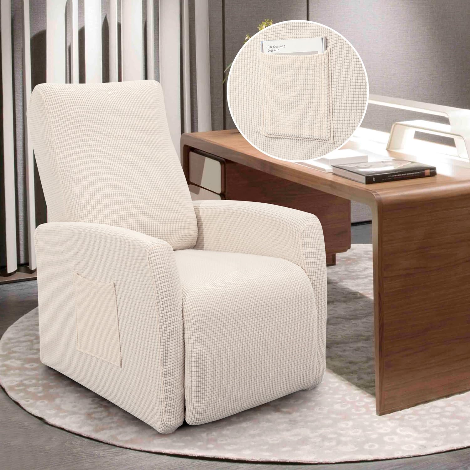 SearchI Recliner Chair Cover Jacquard Chair Covers 4 Piece, Small Recliner Sofa Slipcover for Home Theater Seating with Elastic Bottom, Recliner Protector with Pocket for Recliners, Beige