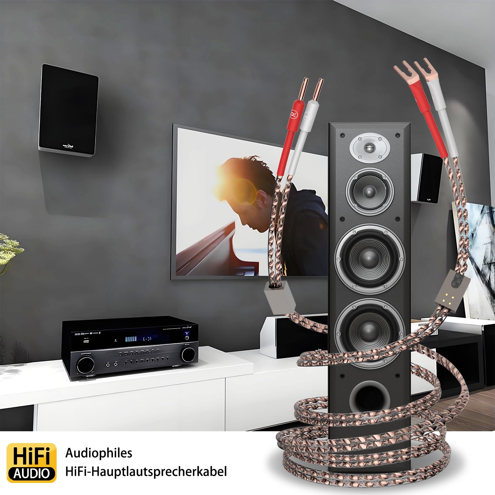 Tertullus VS903 High End - Cable de altavoz (cobre completo, plano, 99,999%, 17 AWG (1,0 mm2), cable dinámico para altavoces HiFi (doble filamento) (pala a banana, 2,5 m)