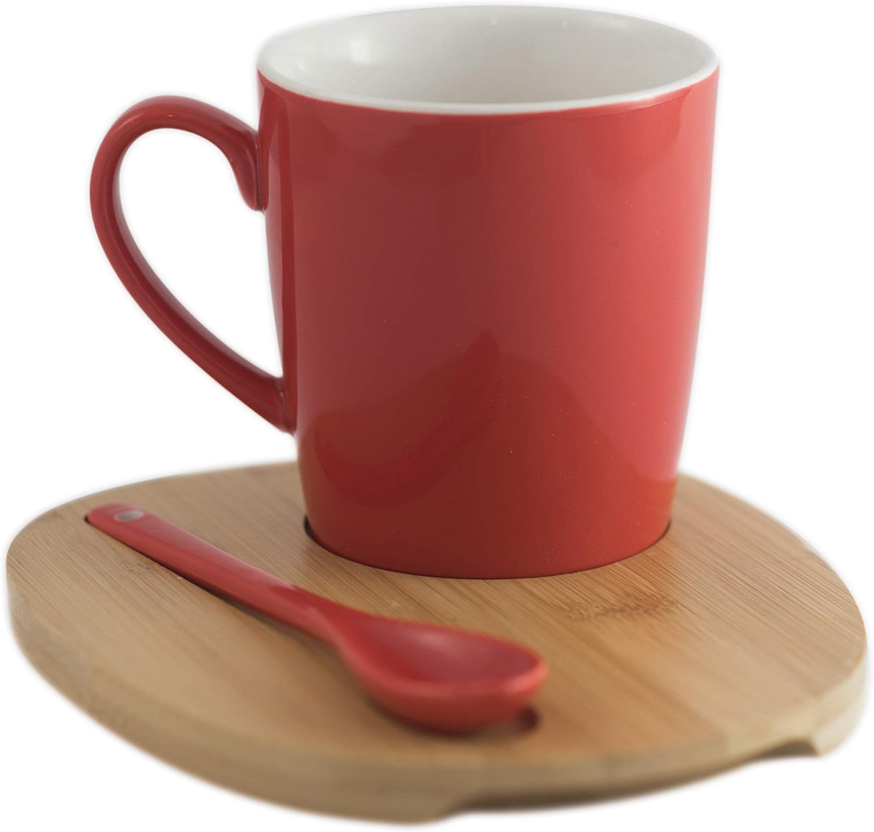 Amuse- Aquarelle Collection- Round Mug with Bamboo Tray and Spoon (12 oz.)- Gift Box (Red)