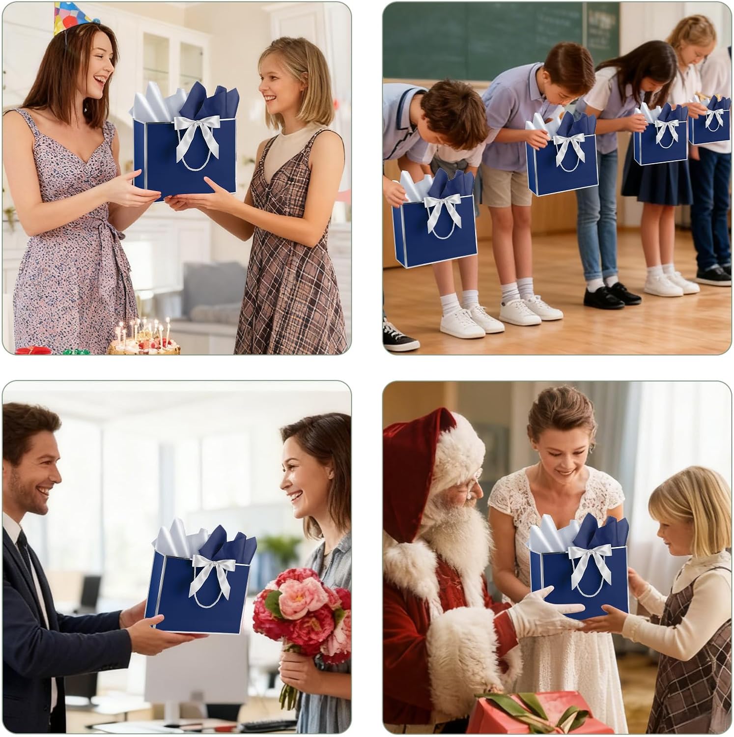 Addblu 12 Pack Large Navy Blue Gift Bags with Handles, 12.6x10x4'' Includes 36 Tissue Papers, Bow Ribbon & Cards for Wedding, Birthday, Bridesmaid, Groomsmen, Valentine's Day, Easter (Blue and Silver, 12pcs) - Image 8