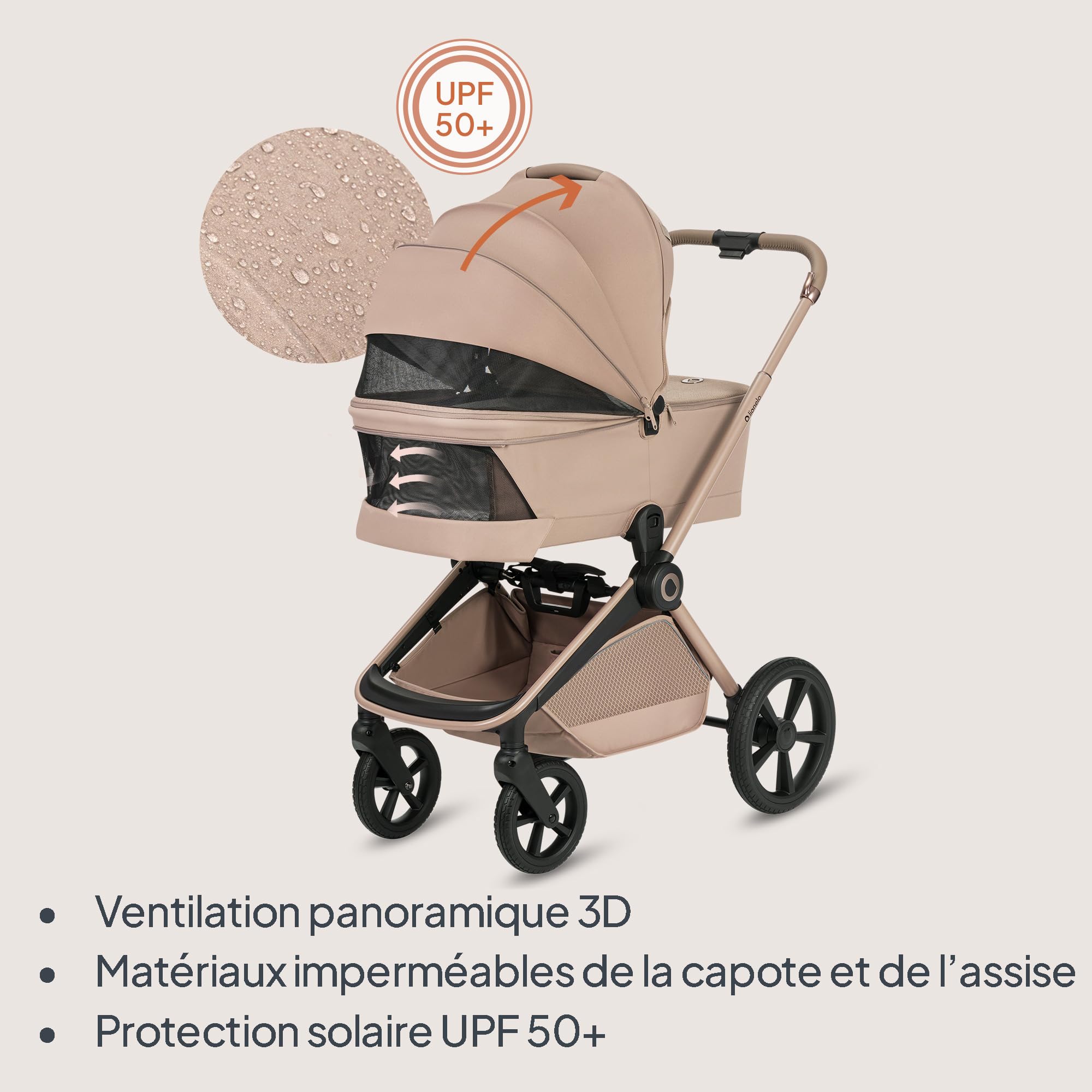Lionelo Freya Poussette 2en1 (0-4 Ans, 0-22 Kg), Nacelle Pliable et Poussette Bebe, Position Allongée, Suspension et Roues PU, Capote UPF50+, Boucle Magnétique, Ventilation, Accessoires (Beige)
