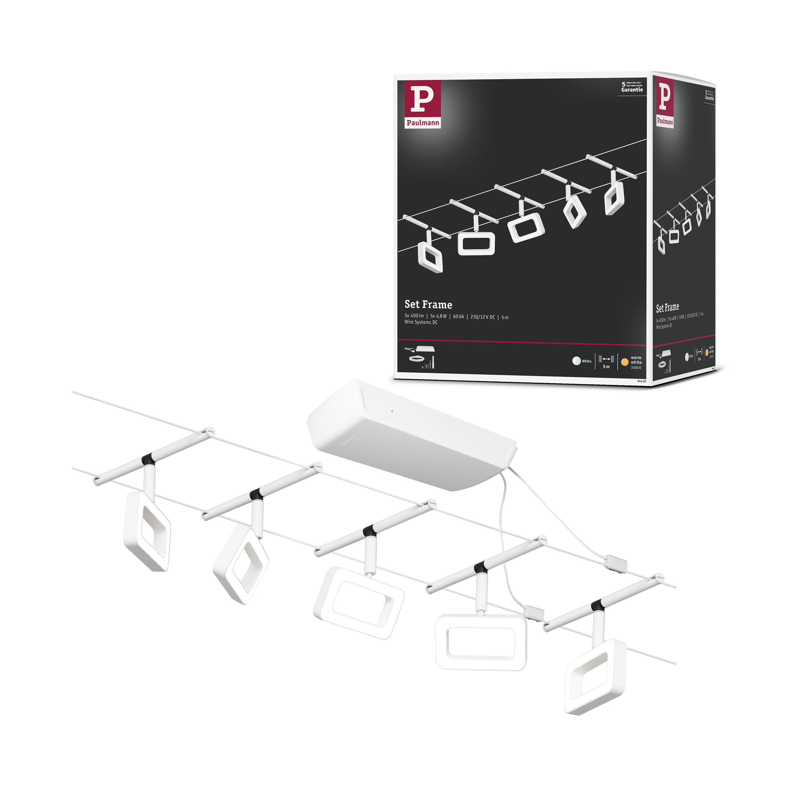 Paulmann 94483 LED Seilsytem Frame Basisset 5x400lm incl. 5x4,8 W Warmweiß Weiß matt, Chrom Kunststoff, Metall Beleuchtungssystem 3000 K