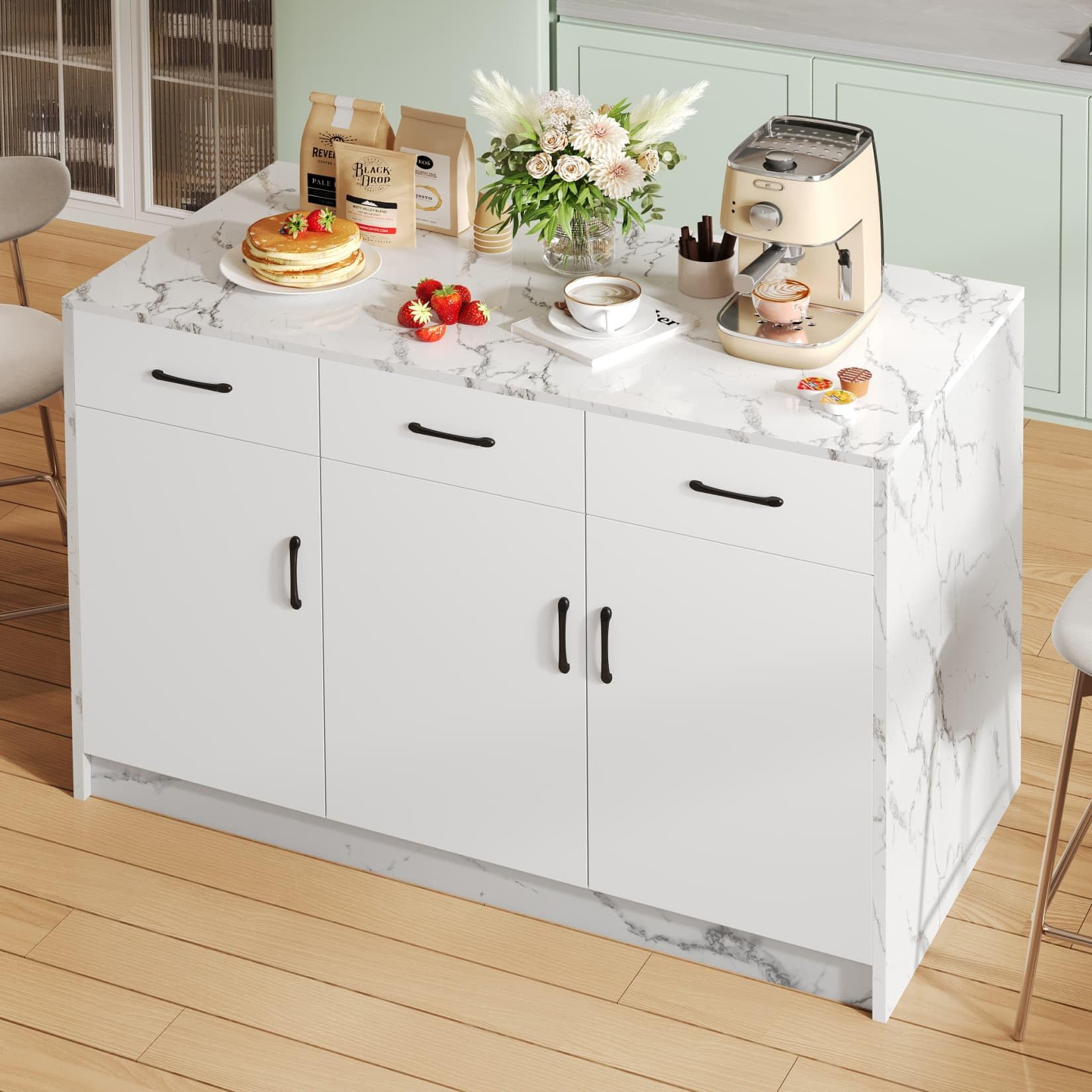 PUGSDRLY Îlot Central Cuisine au Design Marbré avec Table Bar,Étagères Réglables,3 Tiroirs Silencieux,Buffet Meuble Cuisine pour Salon et Salles à Manger (D- Marbre Blanc)
