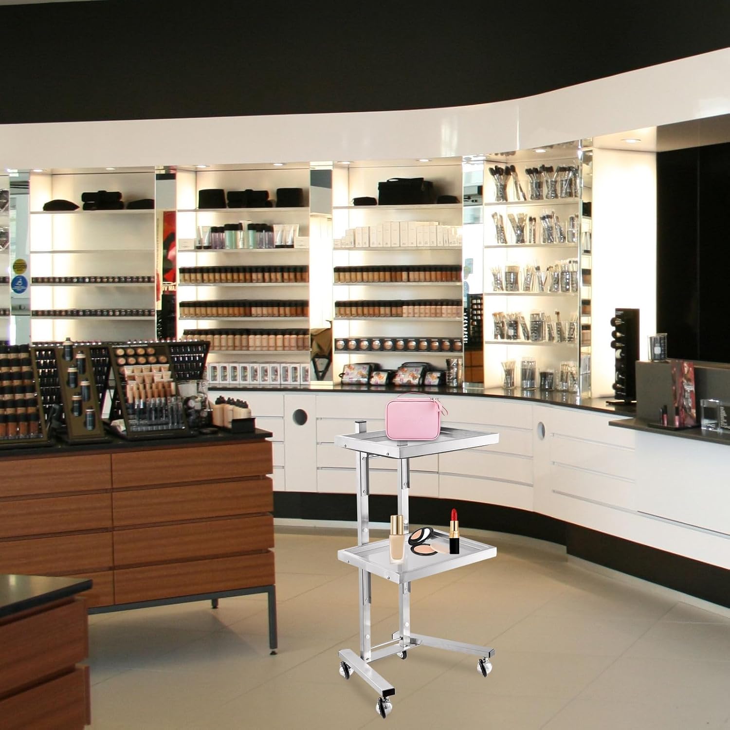 2-Tray Metal Rolling Cart, Stainless Steel Salon Tray Trolley, Foldable Utility Carts Quiet Lockable Wheels, Salon Trolley for Beauty Spa Esthetician dentals Tools, Cavitation Machine, Silver