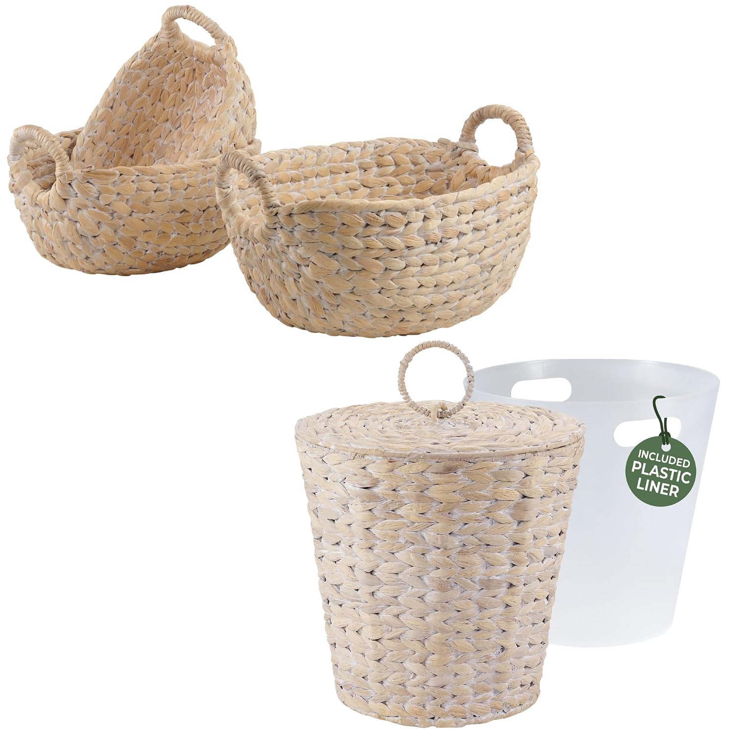 84ECO 3-Gallon Wicker Trash Can with Lid and Set of 3 Oval Storage Baskets, White