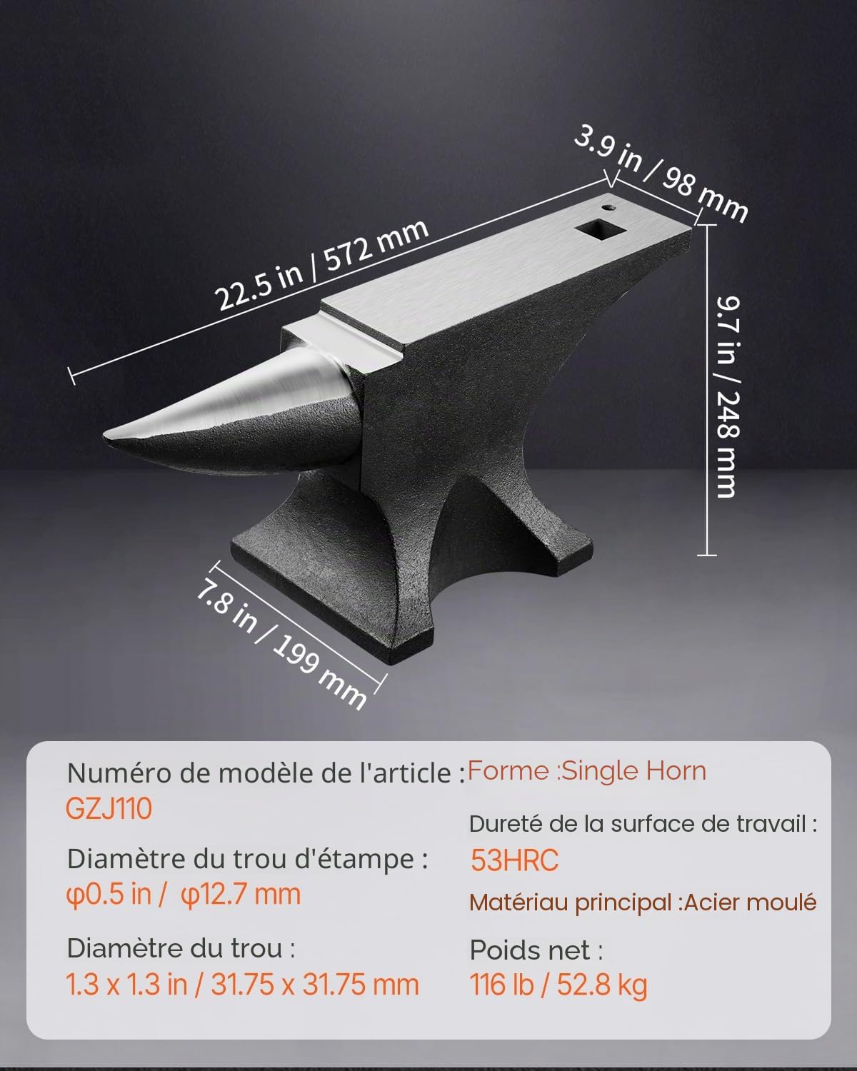 VEVOR Enclume de Forgeron en Acier Moulé 52,8 kg, Enclume à Corne Simple Ronde, Haute Dureté, Grand Plan de Travail, Base Stable, Outil de Travail du Métal pour Pliage, Façonnage, Torsion, Bijoutiers