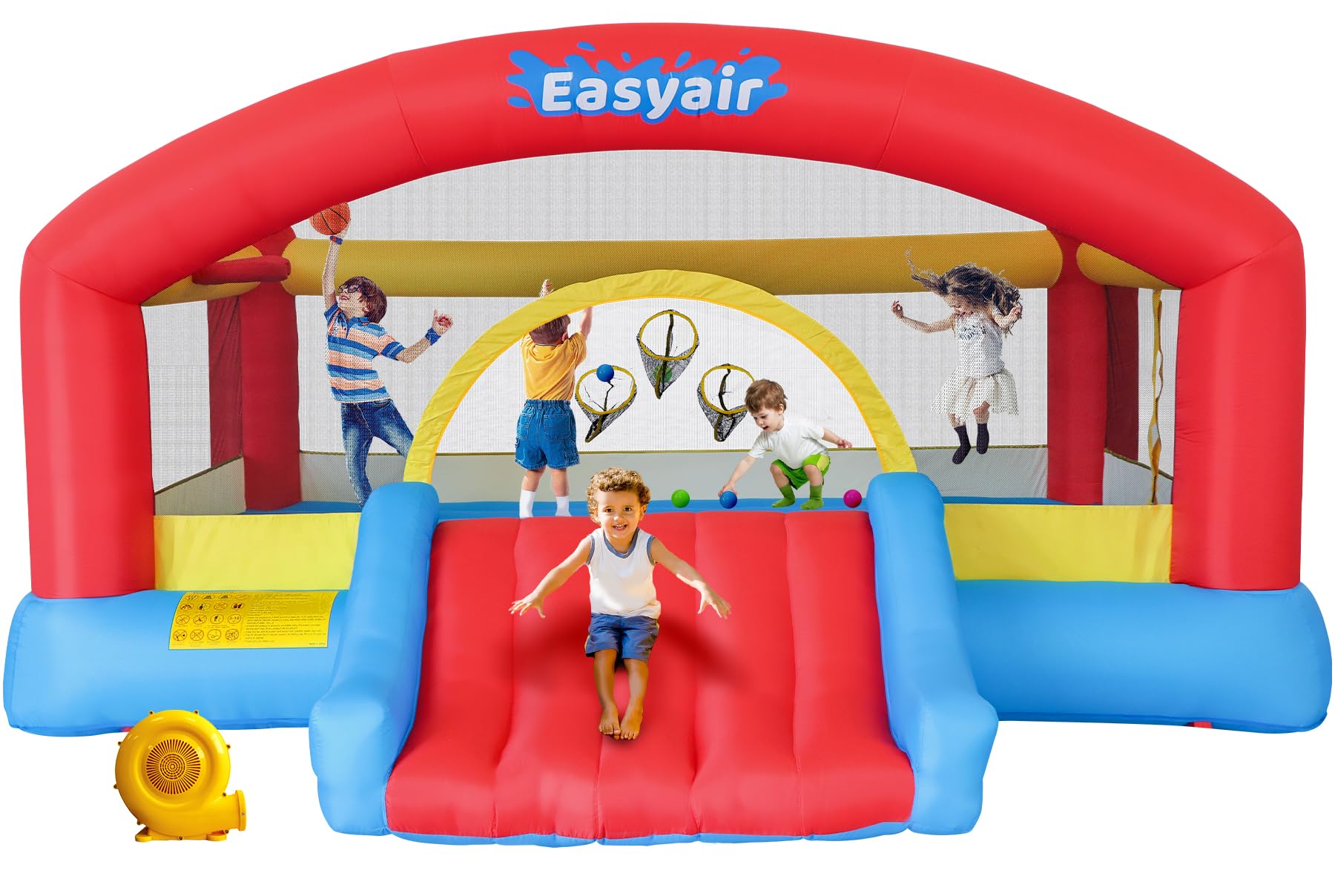 Inflatable Bounce House for Kids, 14.3 x 12.5 FT Bouncy Castle Jumper Slide with 520W Blower, Basketball Hoop, Throwing Ball Game, Ball Pits, Red