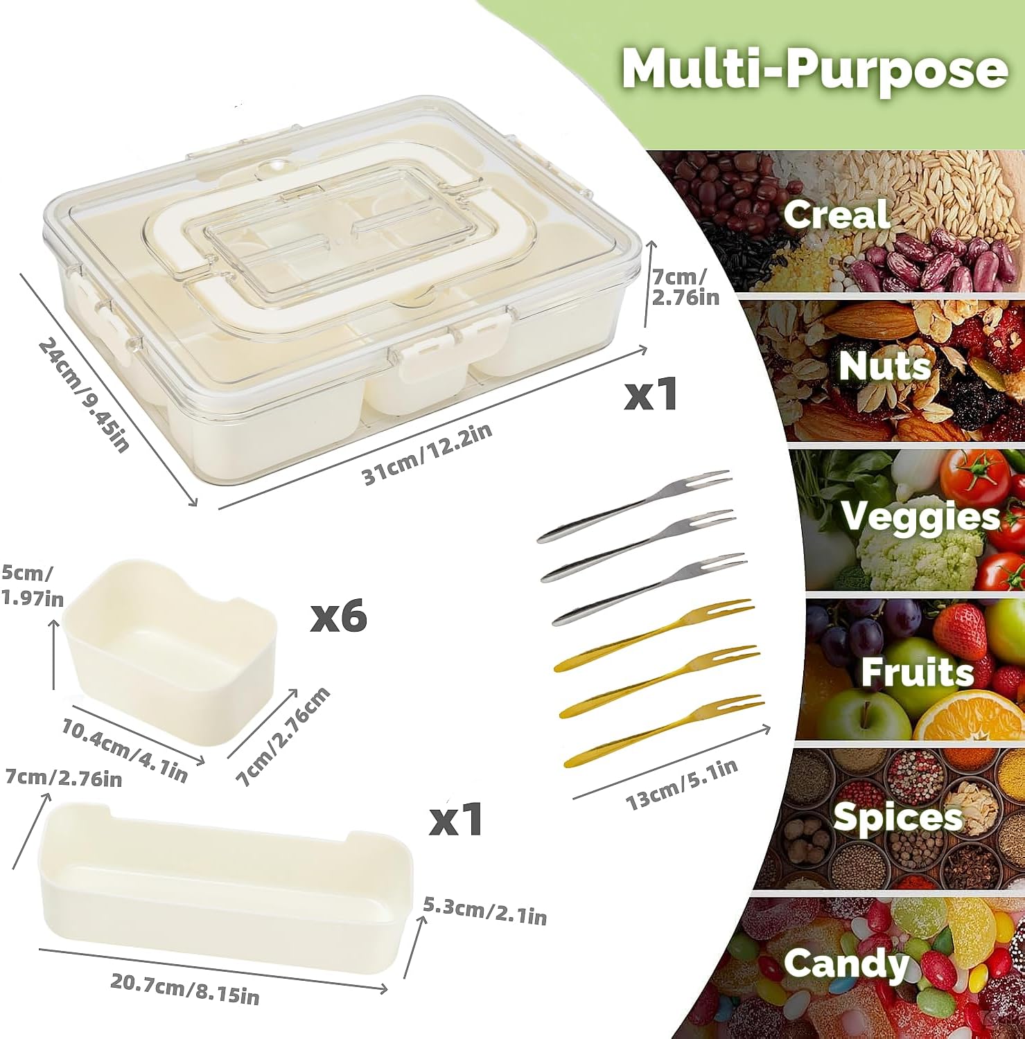 Divided Serving Tray with Lid & Handle&6 Forks,7-Compartments Snack Platter