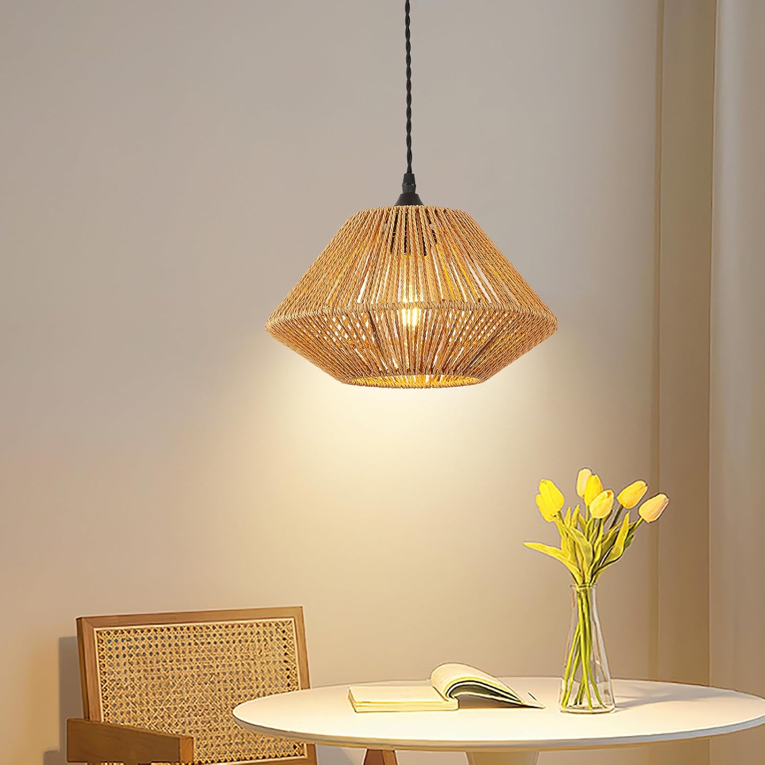CXWV Pendant Light 11.8-inch Woven Hemp Rope Lamp E26 Base Vintage Boho Rattan Lampshade,2 Meters Adjustable Length Hanging Pendant Light Fixture for Kitchen Island,Dining Room,Bar.