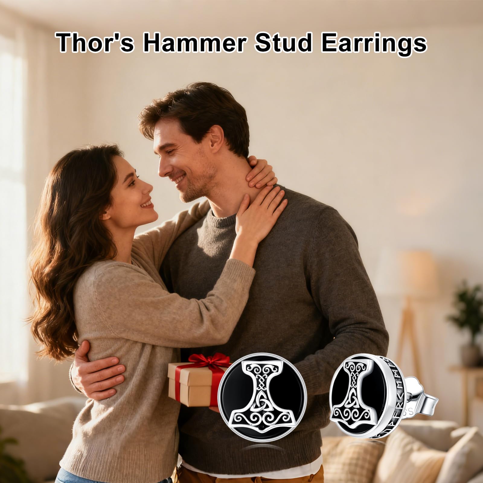 PROESS Wikinger Ohrringe 925 Sterling Silber Natürlicher Schwarzer Onyx Ohrstecker Valknut Knoten/Ankh Kreuz/Thors Hammer/Baum des Lebens/Skull Schmuck Geschenke für Damen Herren