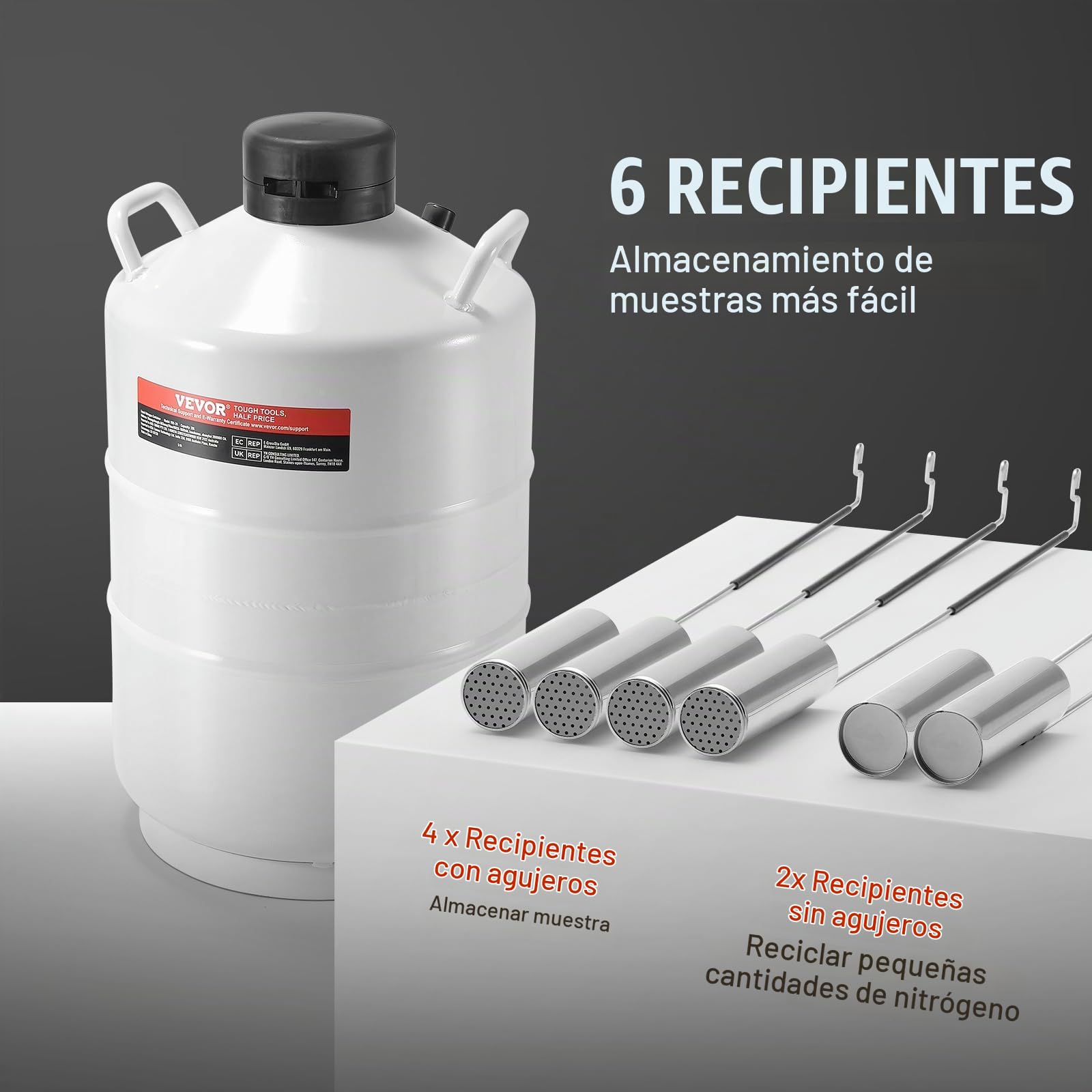 VEVOR Tanque de Nitrógeno Líquido Contenedor de Nitrógeno Líquido de Aleación de Aluminio de 20 L, Tanque LN2 con 6 Botes y Bolsa de Transporte con Correas para Conservación de Semen, Científico