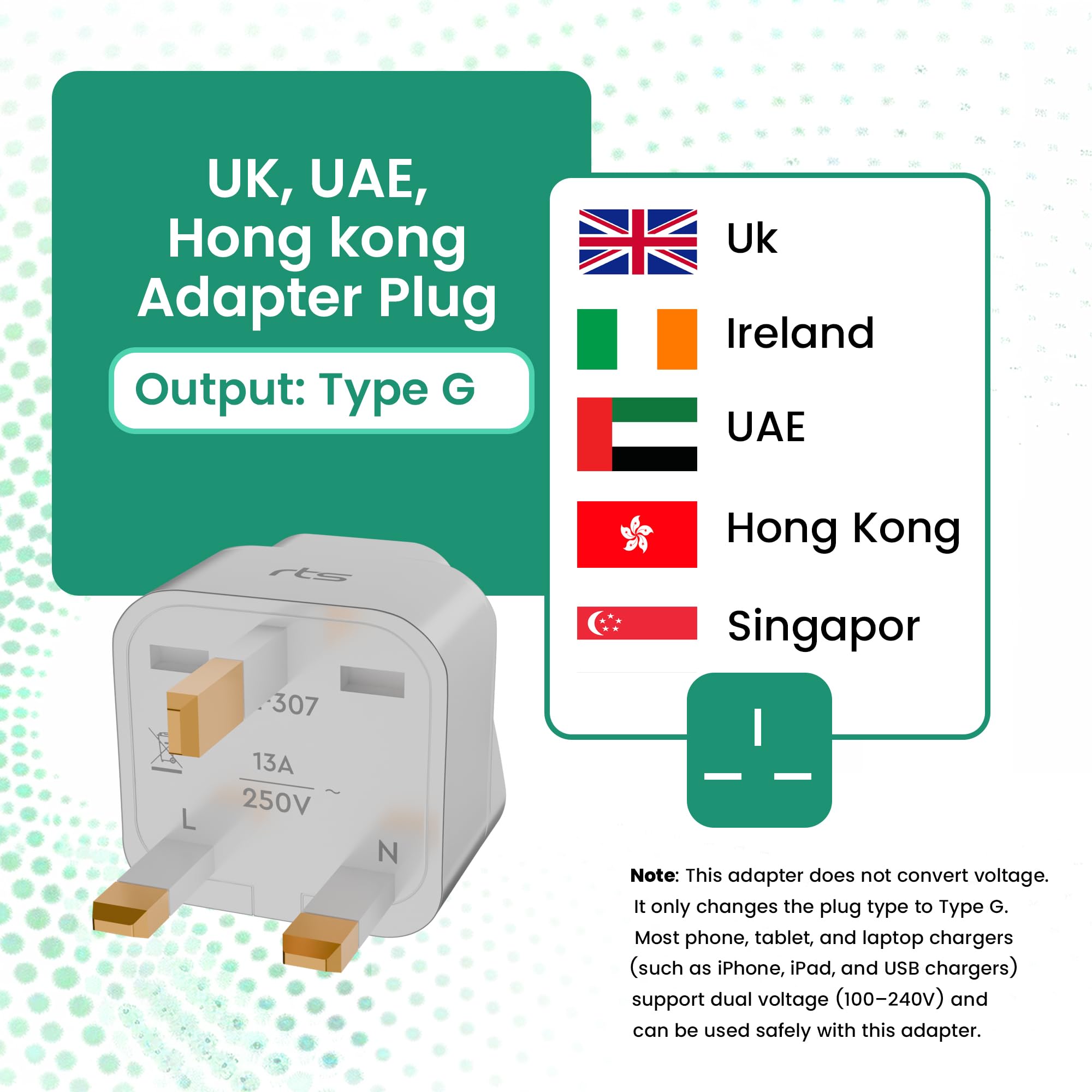 rts UK Adapter for Indian Pins, India to UK UAE, Hong Kong, Dubai, UK Power Adapter Converter- Type G - Perfect for Laptop, Camera, Phones, Chargers, iPhone, tablets, Bluetooth speakers White (1 Pack) — Amazon image 5