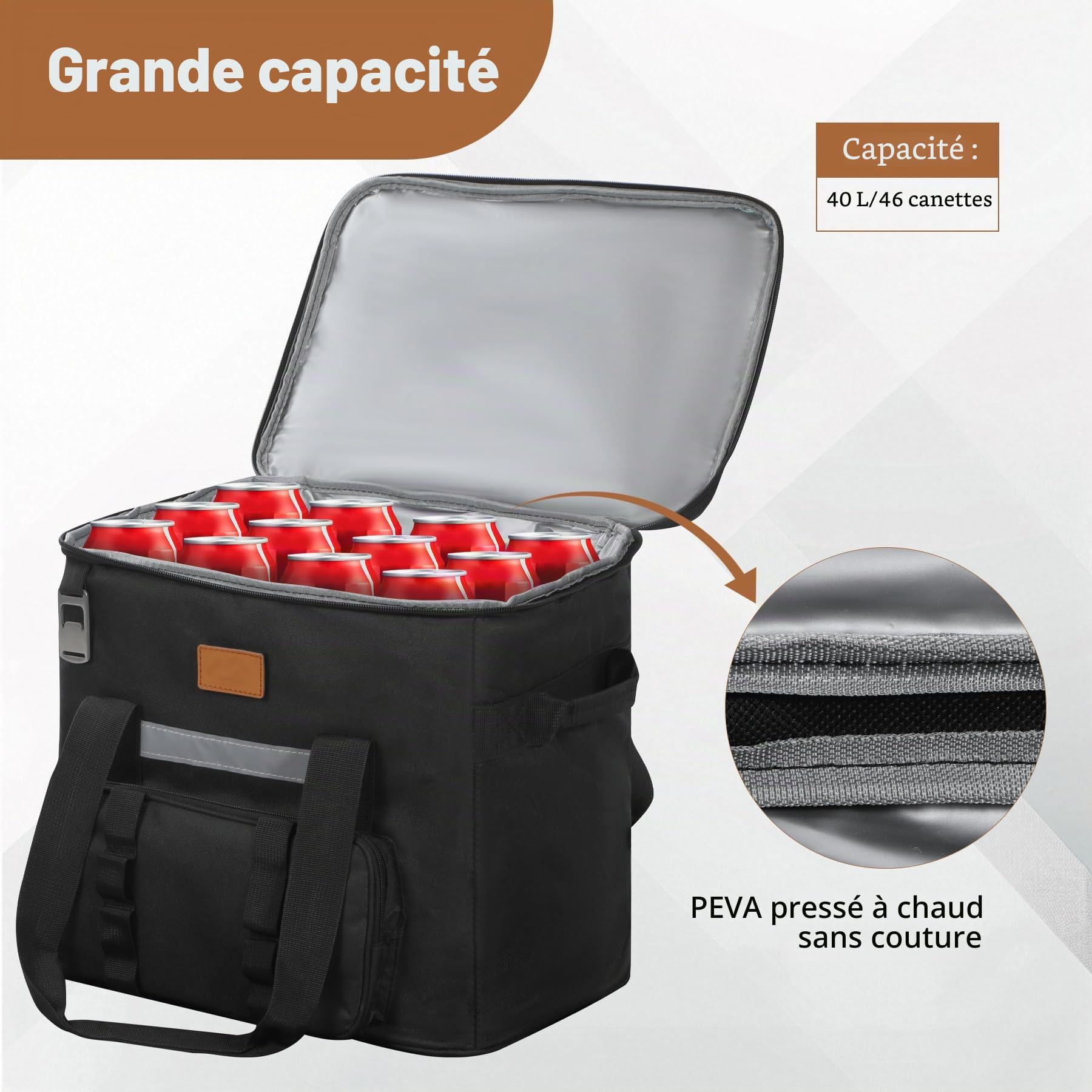 REDCAMP Grand sac isotherme de 40 l avec poche avant et décapsuleur, sac isotherme XL étanche pour l'extérieur, le camping, le transport des aliments, noir