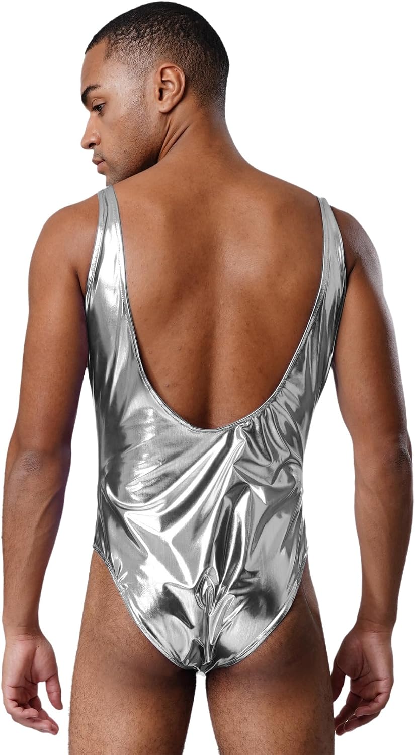 YiZYiF Mens Swimwear Bodysuit Sleeveless Shiny Metallic Dance Gymnastic Leotard for Rave Costume