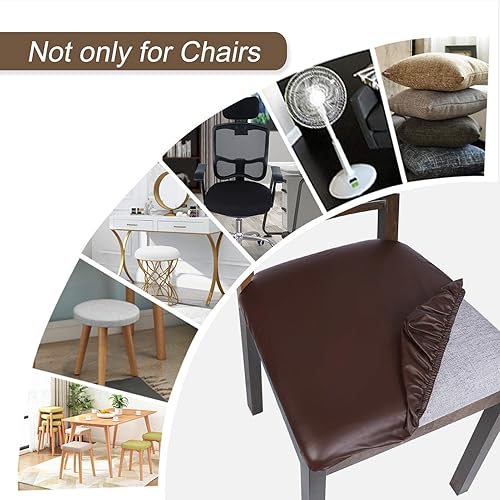 Miniatura 8 de SearchI Fundas de asiento impermeables para sillas de comedor, paquete de 6 fundas elásticas de cuero sintético para sillas de comedor, fundas de