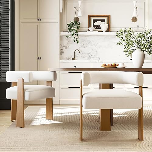 Miniatura 17 de Juego de 4 modernas sillas de comedor blancas Boucle con patas de metal dorado, sillones tapizados de barril de mediados de siglo con respaldo