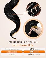 Vista 4 de Sunny I Tip - Extensiones de cabello humano con punta en I 80S, extensiones de cabello humano negro azabache, extensiones de cabello humano