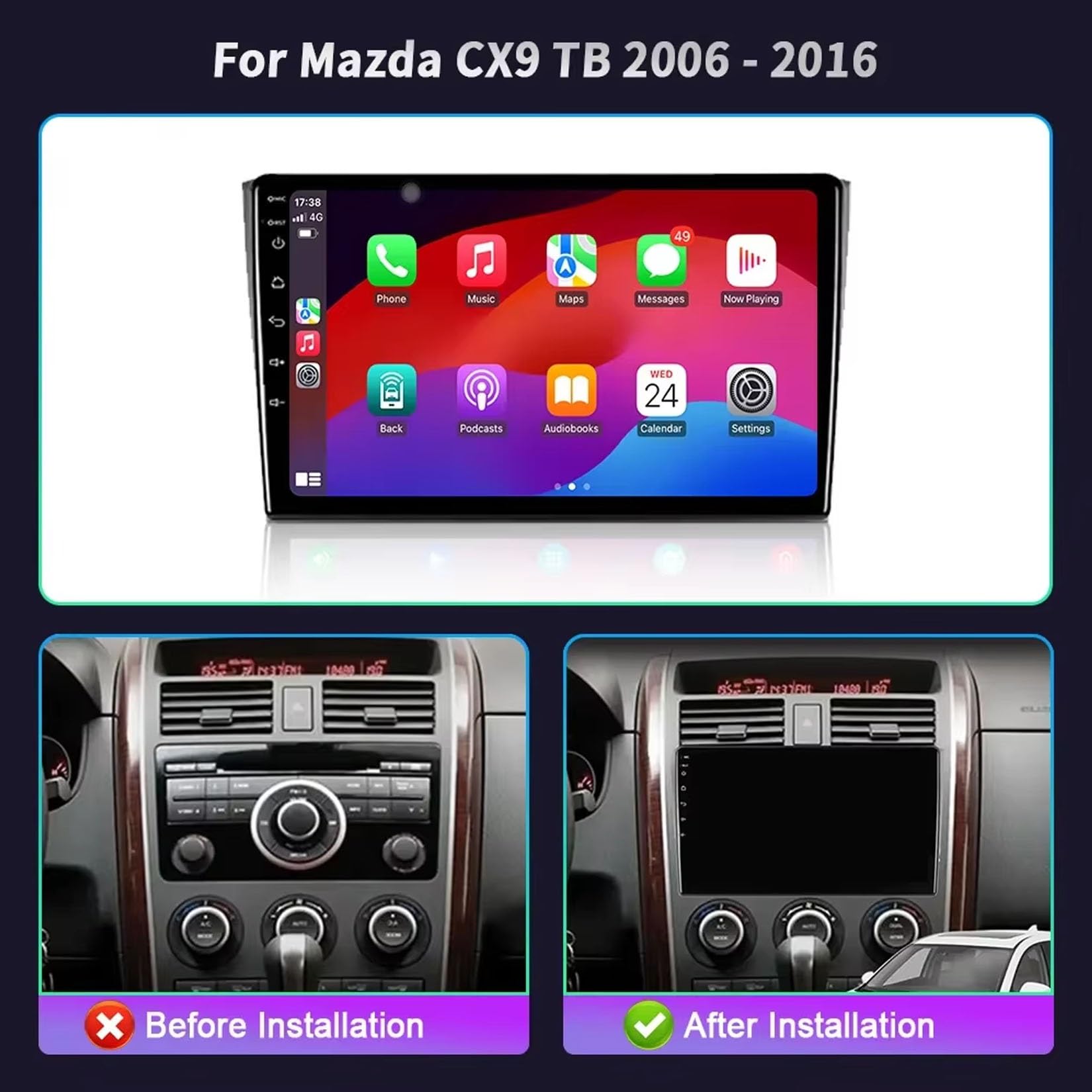 2-calowy, dwudinowy samochodowy system stereo z Androidem 15 do Mazdy CX9 2006-2016 z kamerą cofania Car Play, sterowaniem z kierownicy, Bluetooth, GPS, radiem FM i Wi-Fi (C4 8+256 GB)