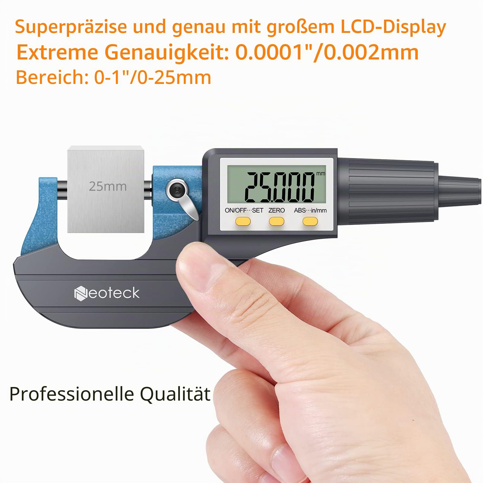 Neoteck Digitaler Mikrometer Mikromessschieber Bügelmessschraube elektronisch 0-25 mm mit LCD-Display Micrometer 0,001 mm / 0,00005 "