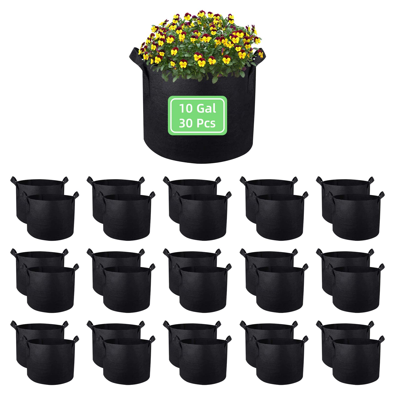 10 Gallon Garden Grow Bags, 30 Pack 10 Gal Planter Bags Fabric Pot Bags, Nonwoven Grow Bags Heavy Duty Aeration Fabric Pots with Handles, Garden Fabric Planters for Vegetables Flowers (Black)