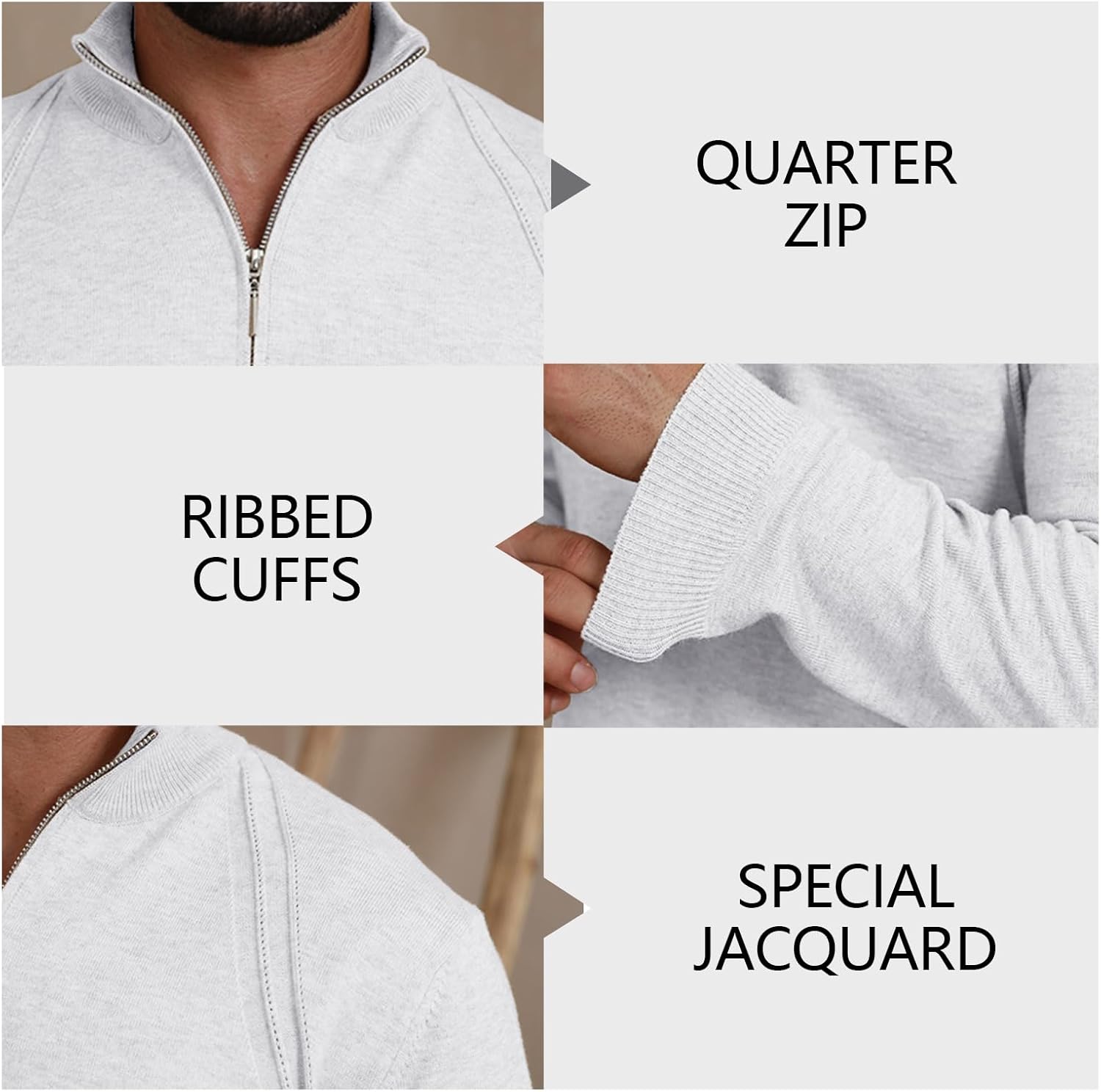 Mens Fashion Knit Pullover Sweater Quarter Zip Long Sleeve Mock Neck Ribbed Sweater - Image 6