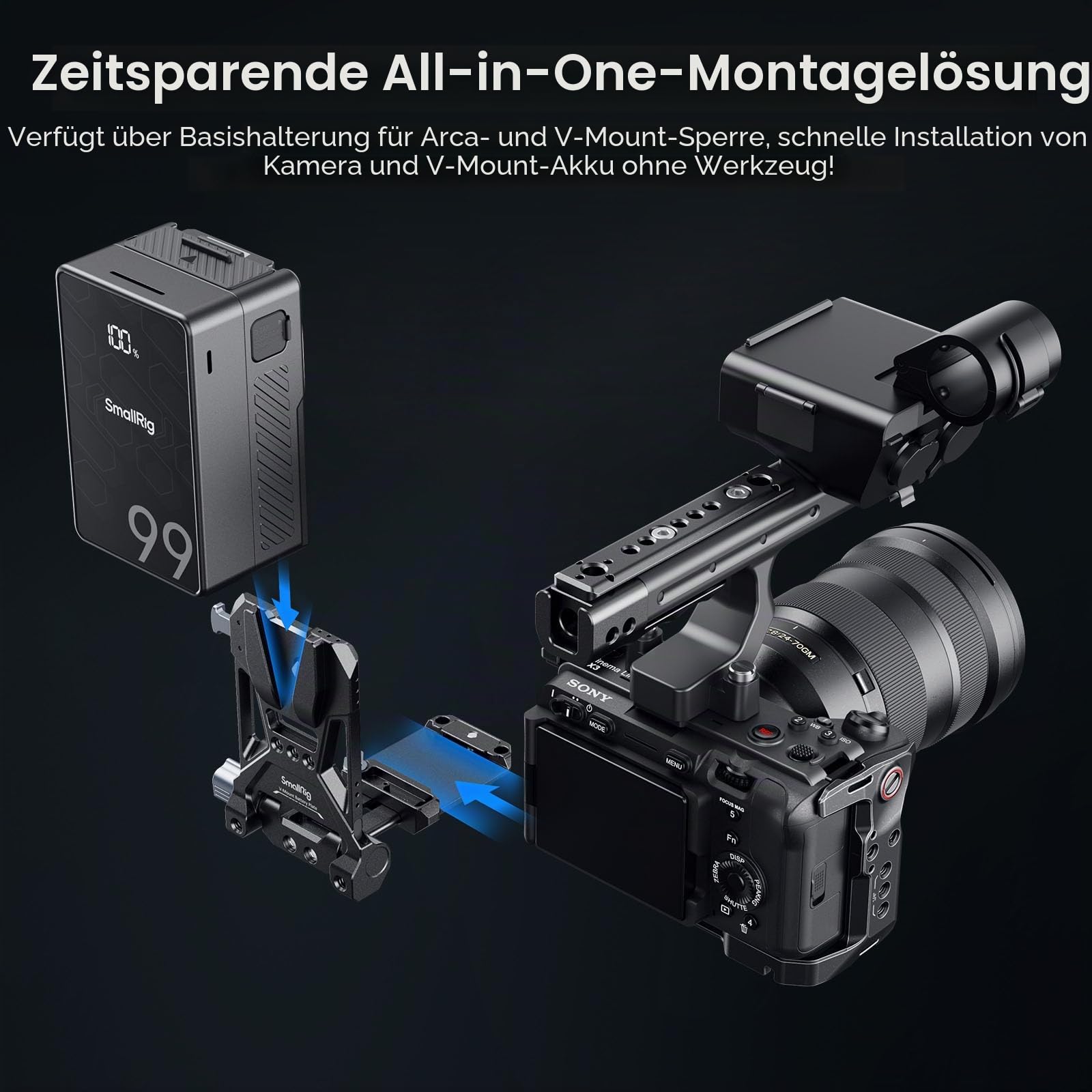 SMALLRIG V-Mount Battery Plate, V-Lock-Akku-Montageplatte mit doppelter Schnellwechselplatte für Arca-Swiss, kompakte und faltbare L-förmige V-Mount-Akkuplatte für DSLR-Kamera, Gimbals, Stativ – 4064B
