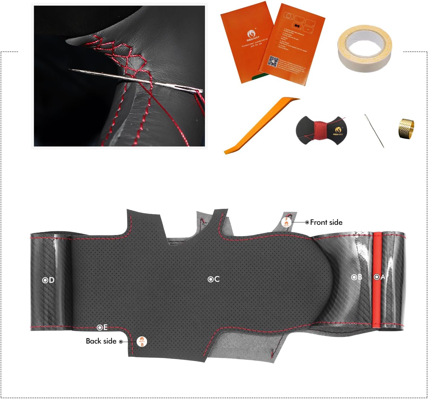 MEWANT Steering Wheel Cover for Peugeot 208 308 (SW) 2008 3008 508 508 SW5008 Partner Rifter Hand-Stitched Carbon Fiber Genuinel Leather Car Steering Wrap