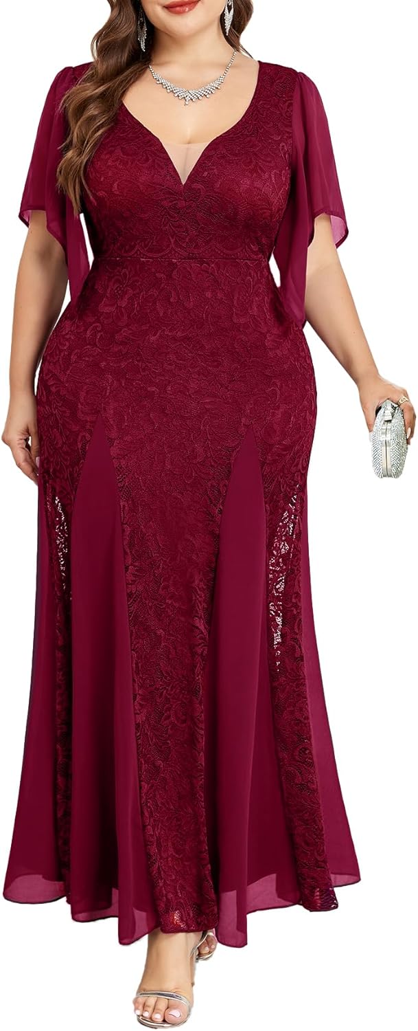 TIARALY Plus Size Wedding Guest Dress Chiffon Lace Evening Gown with Handkerchief Sleeves Cocktail Party Maxi Dress