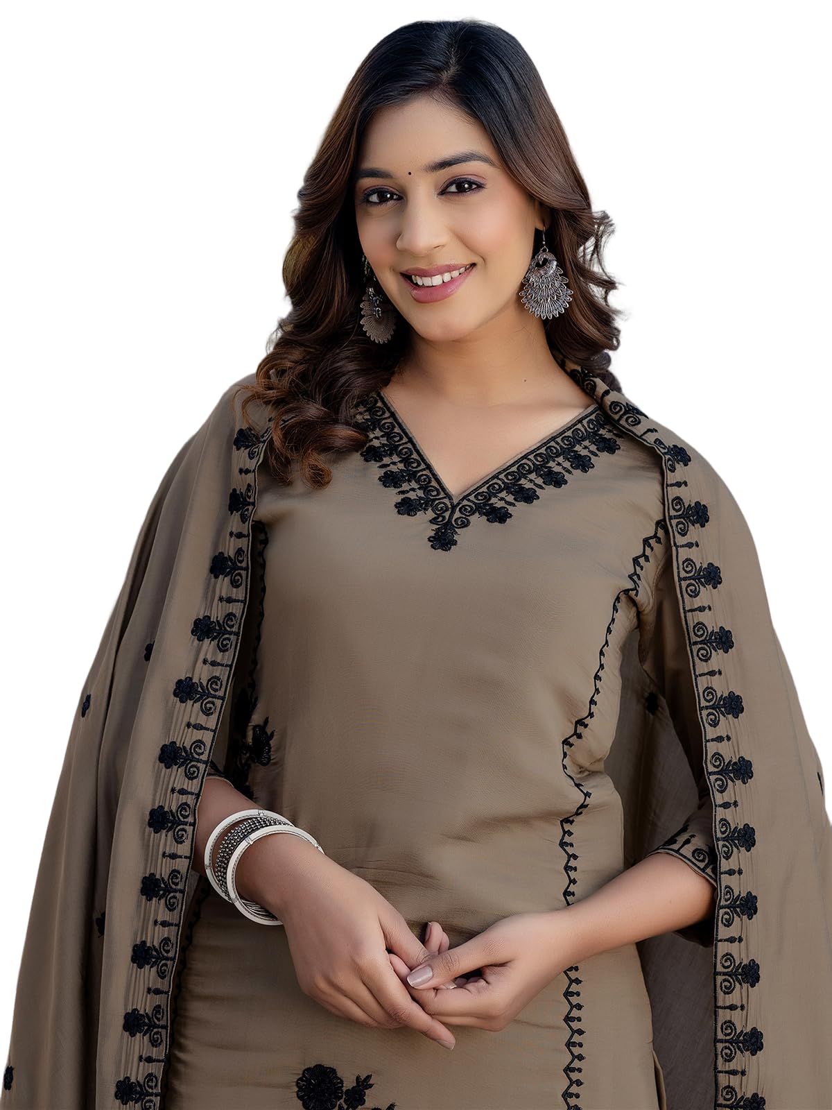 Sanisa Women's Silk Embroidery Straight Kurta With Pant And Dupatta Set (235Kbd2485N-Xxl_Dark Beige)