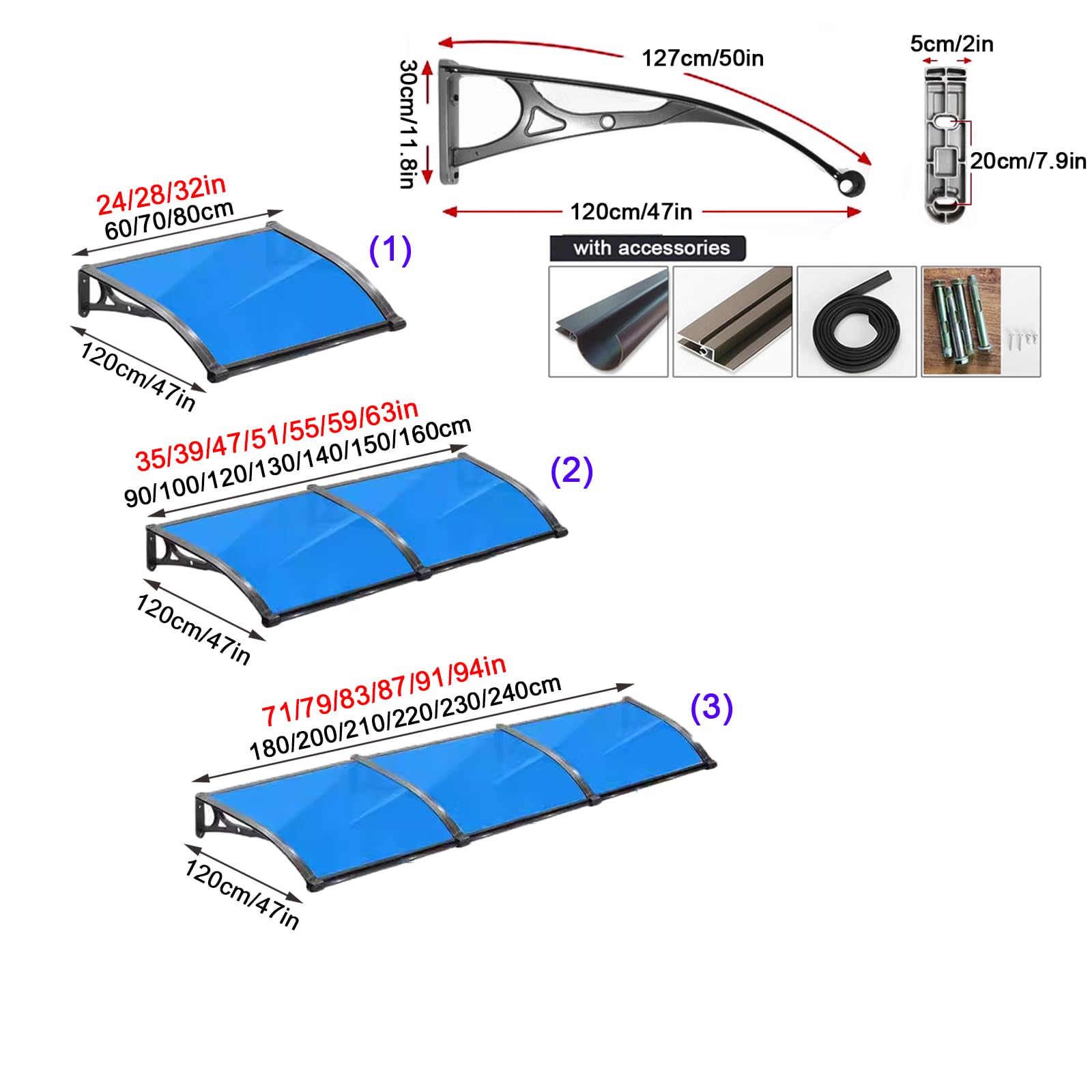 Blaues Türvordach, UV- und Regenschutz, Dachabdeckung, Polycarbonat und Aluminium, einfache Montage, 120 x 70 cm (47 x 28 cm), für Heimdekoration und Außenbereich