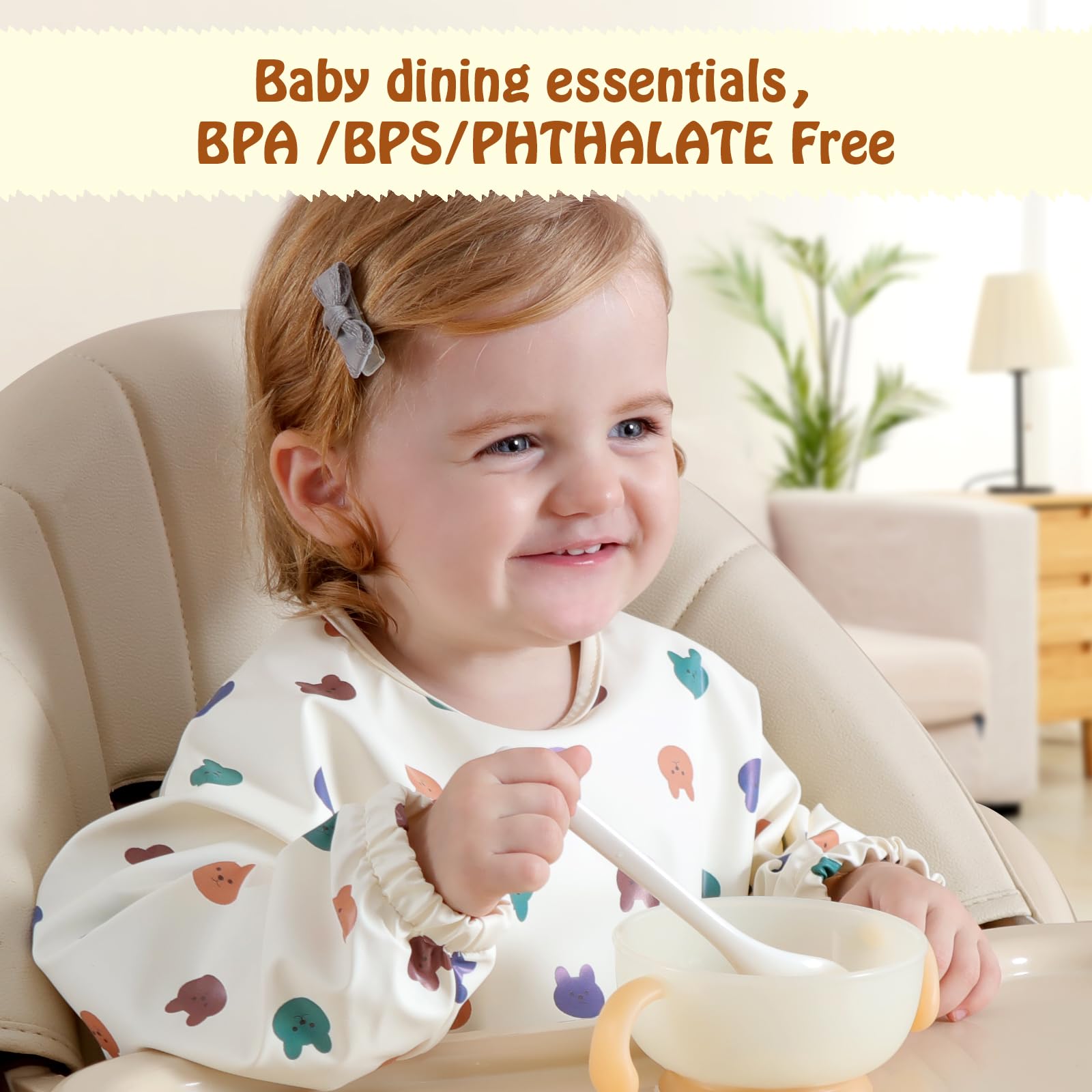 Zemiu Bavaglino per lo Svezzamento/Bavaglino per Bambini, 100% Impermeabile e in Morbido Materiale PU, Lavabile in Lavatrice, Tuta a Maniche Lunghe - Adatto per Bambini da 6 a 30 Mesi
