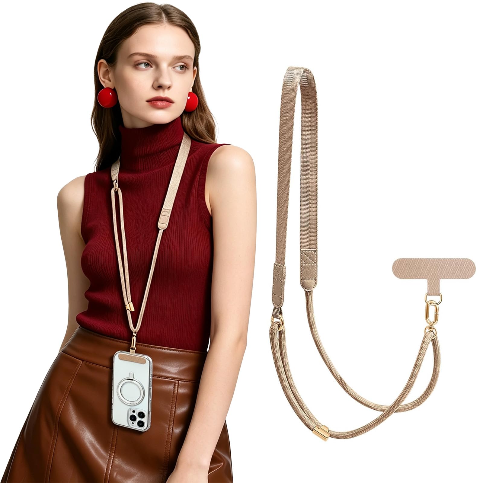 Khaki Crossbody Phone Lanyard, Adjustable Flat Strap for All Smartphones | 1PC khaki phone crossbody lanyard, adjustable 90-120cm, zero pressure shoulder strap, lightweight universal sling for daily-image-44