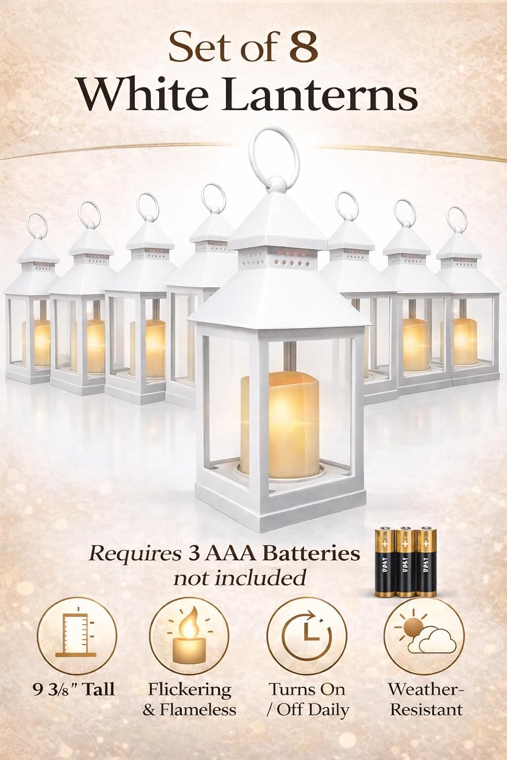 White Lanterns Set of 8 with LED Flameless Candles – 4 Hour Timer – 9.375" Indoor Outdoor Decorative Lanterns – Hanging or Tabletop Porch Patio Wedding Centerpiece Decor