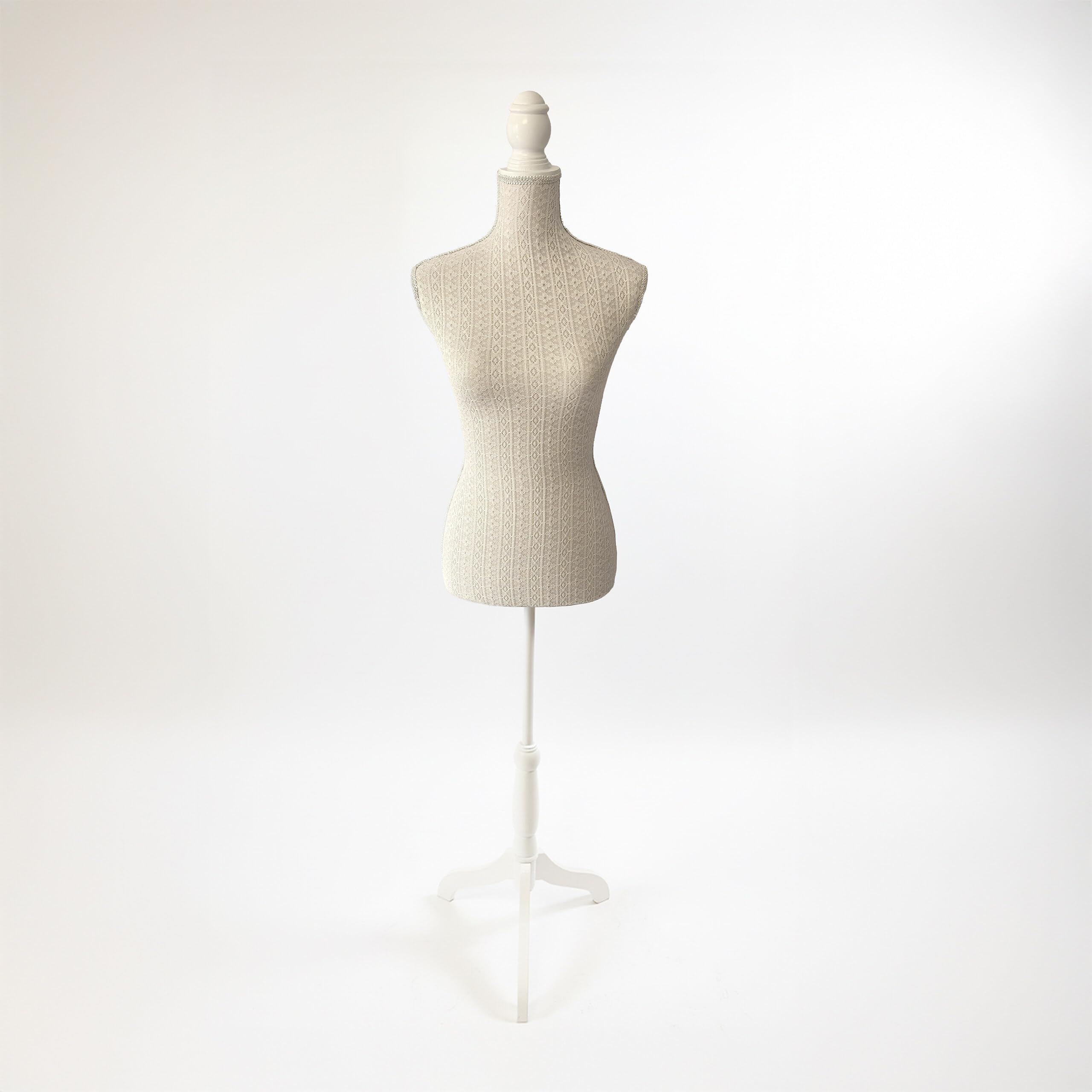 Relaxdays Maniquí de Costura Femenino Ajustable 130–167 cm con Encaje, Base de Madera, Beige/Blanco, 167x41x34 cm