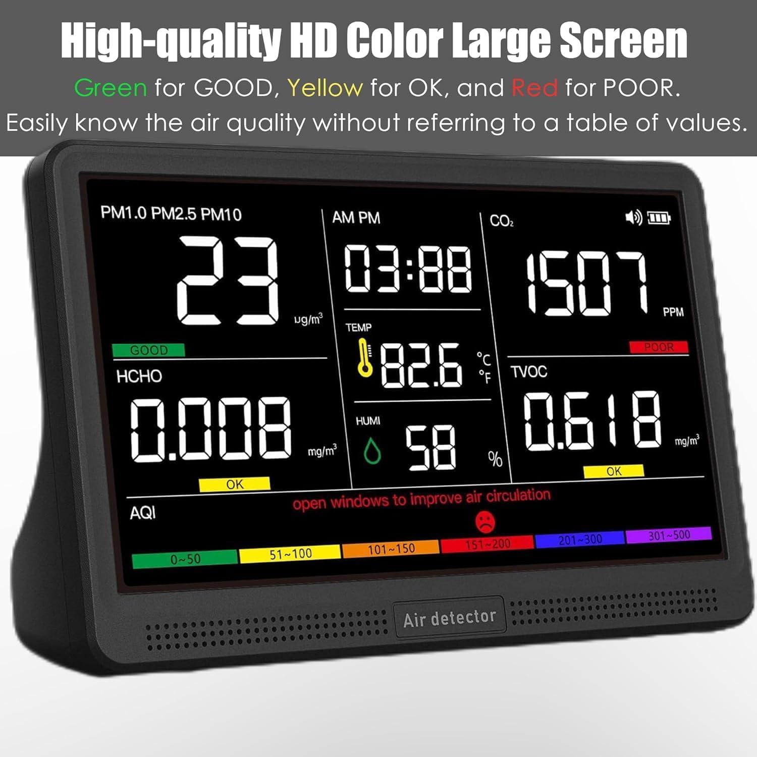 Professional Indoor Air Quality Monitor With 7X AQI Beep Alarms,16 In 1 Portable Real-Time Detector For PM2.5 | PM10 | CO2 | TVOC | HCHO | Temp | Hum For Home Cars
